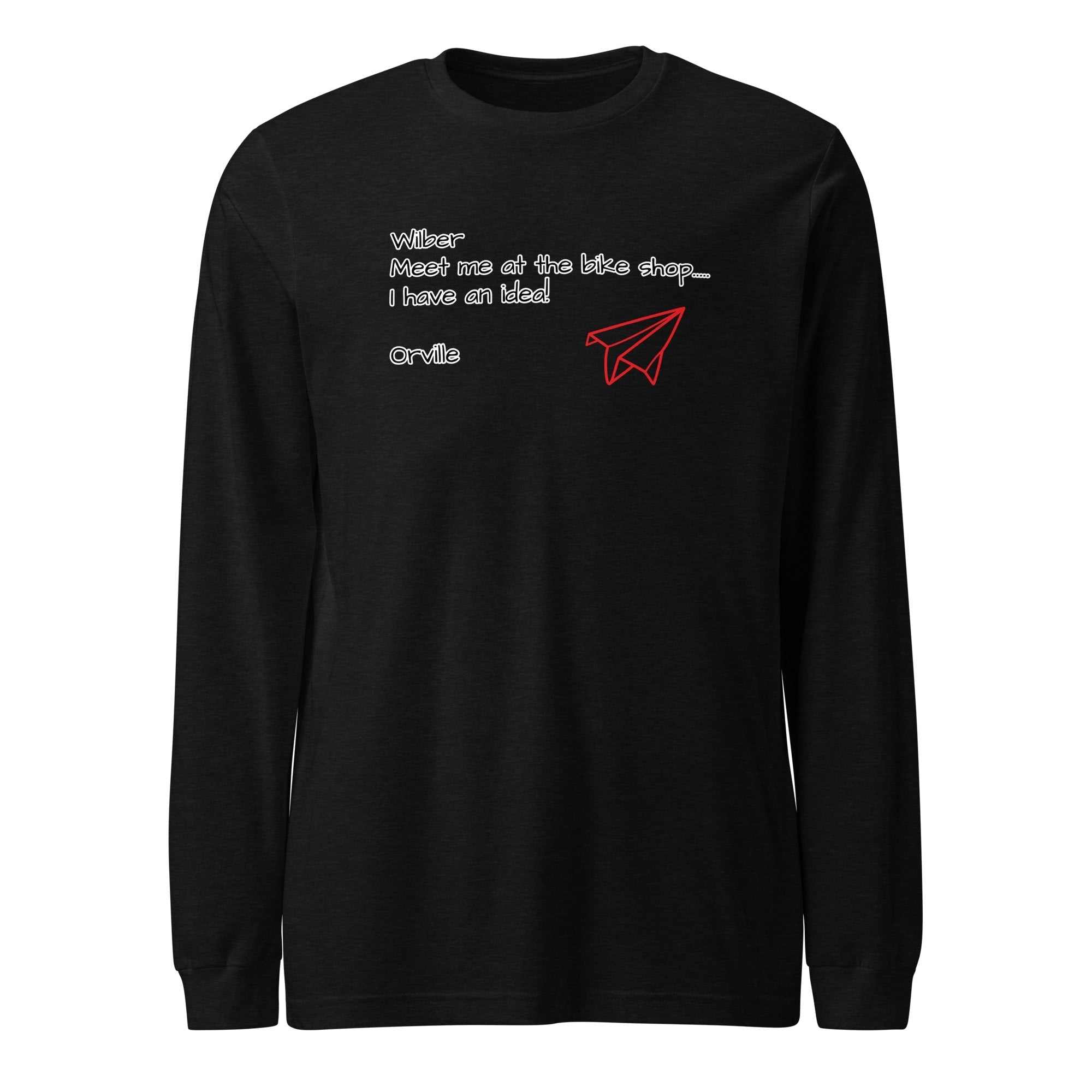 Black Bike Shop unisex long sleeve tee with white text and red paper airplane graphic on front