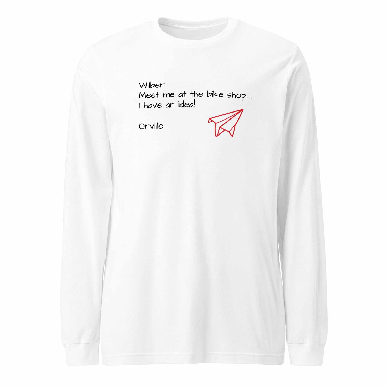 White Bike Shop Unisex Long Sleeve Tee with black text and red paper airplane graphic on front