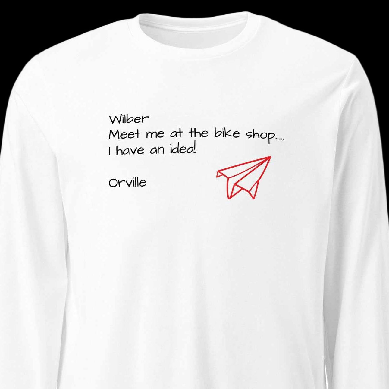 White Bike Shop Unisex Long Sleeve Tee with black text and red paper airplane graphic on front