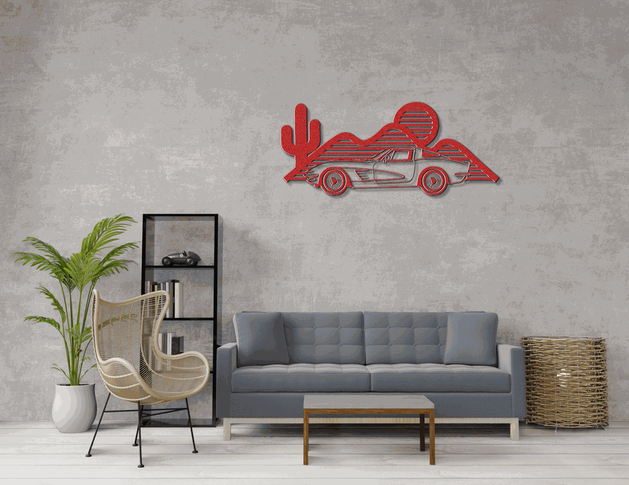 Laser-cut Corvette silhouette wall art in powder-coated steel, available in multiple sizes and colors, ideal for garages and man caves.