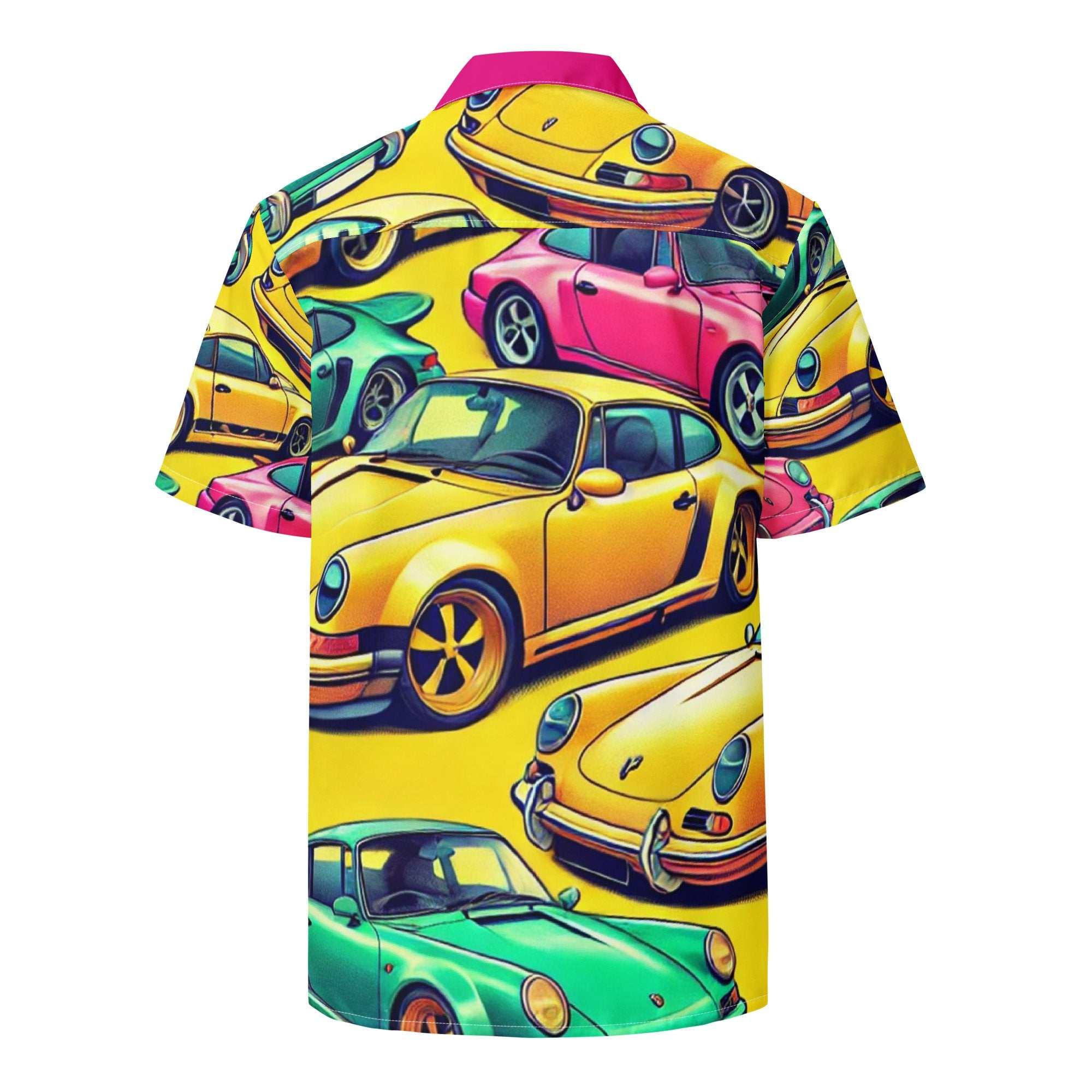 Button Up 2 vibrant yellow summer shirt with colorful vintage car print, oversized fit, breathable moisture-wicking fabric, and UPF50+ protection.