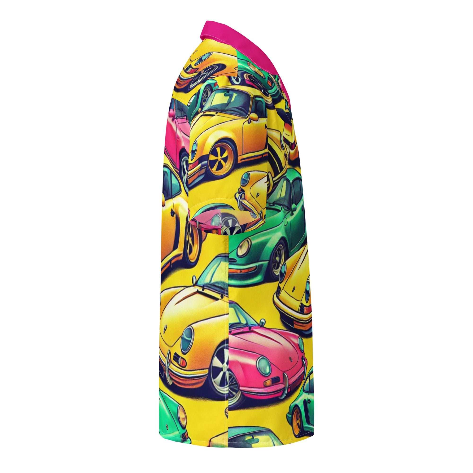 Button Up 2 summer shirt with colorful vintage car print, oversized fit, breathable moisture-wicking fabric, and UPF50+ protection