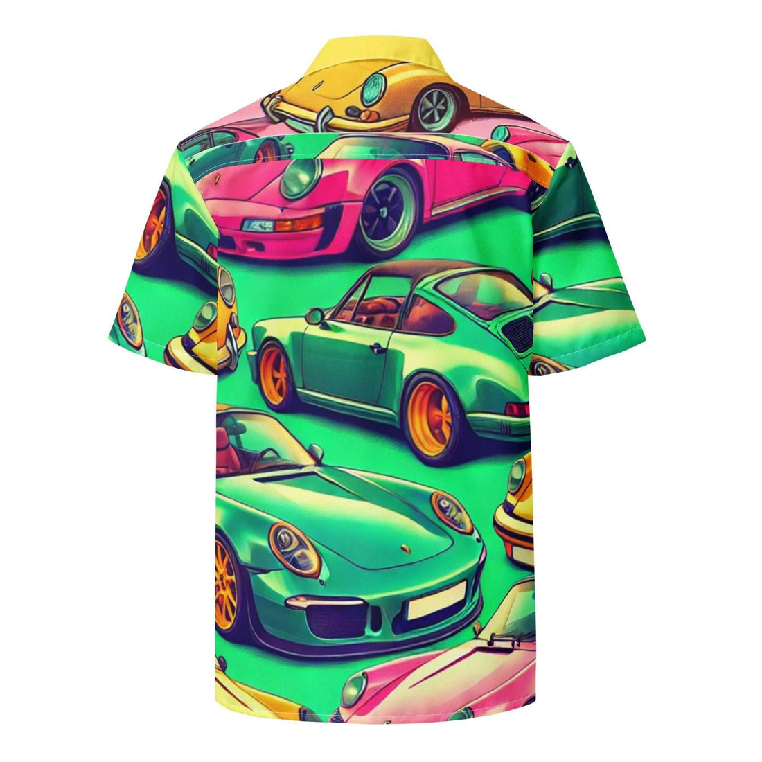 Button Up 4 short-sleeve summer shirt with colorful car print, moisture-wicking fabric, oversized fit, and UPF50+ protection