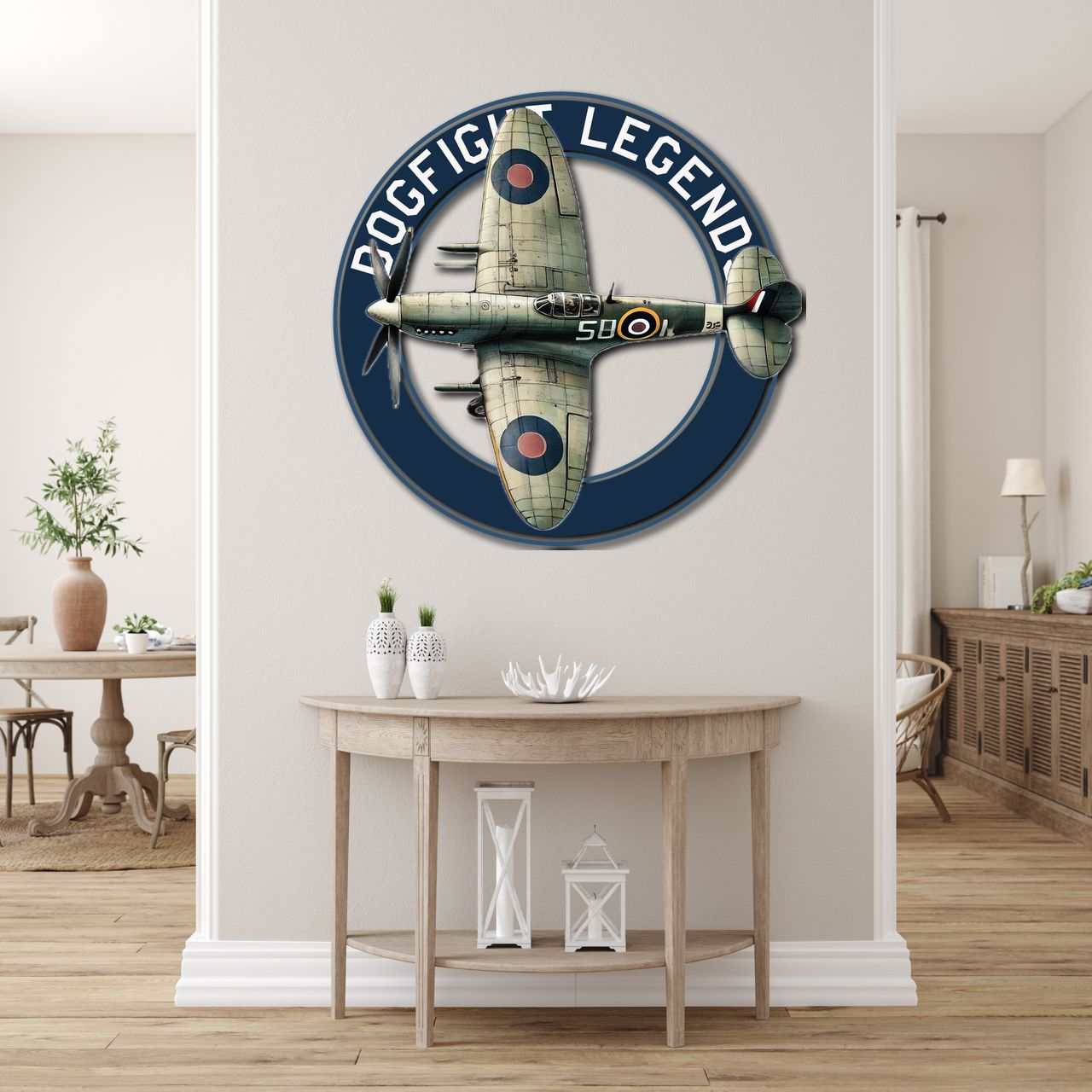 Multicolor metal sign featuring Spitfire airplane design with "Dogfight Legend" text, durable 16-gauge steel wall art for indoor and outdoor use