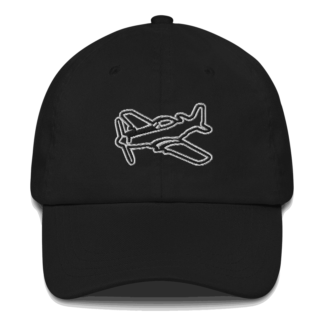 Black aviation hat with embroidered white airplane design, adjustable strap, and six-panel low-profile style
