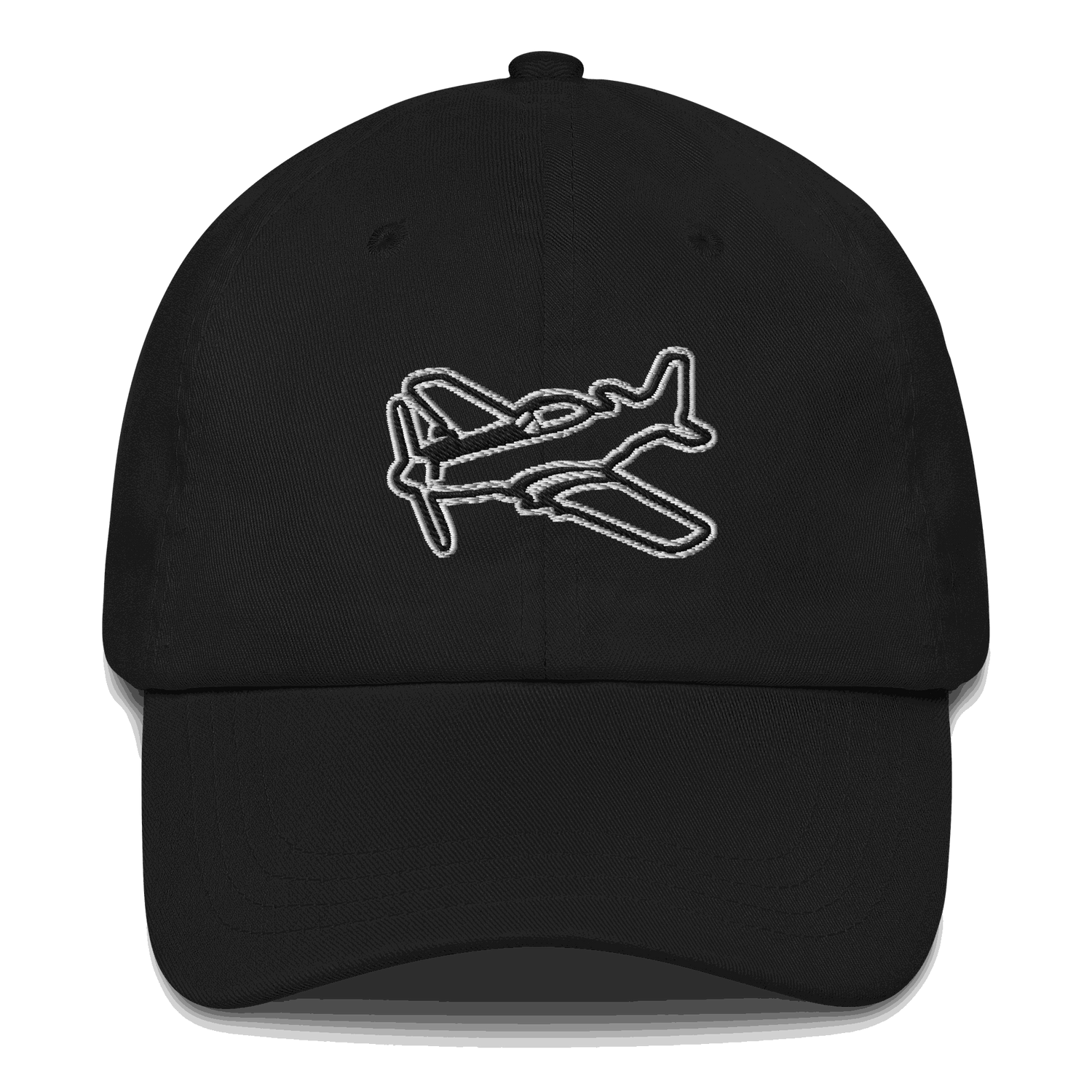 Black aviation hat with embroidered white airplane design, adjustable strap, and six-panel low-profile style