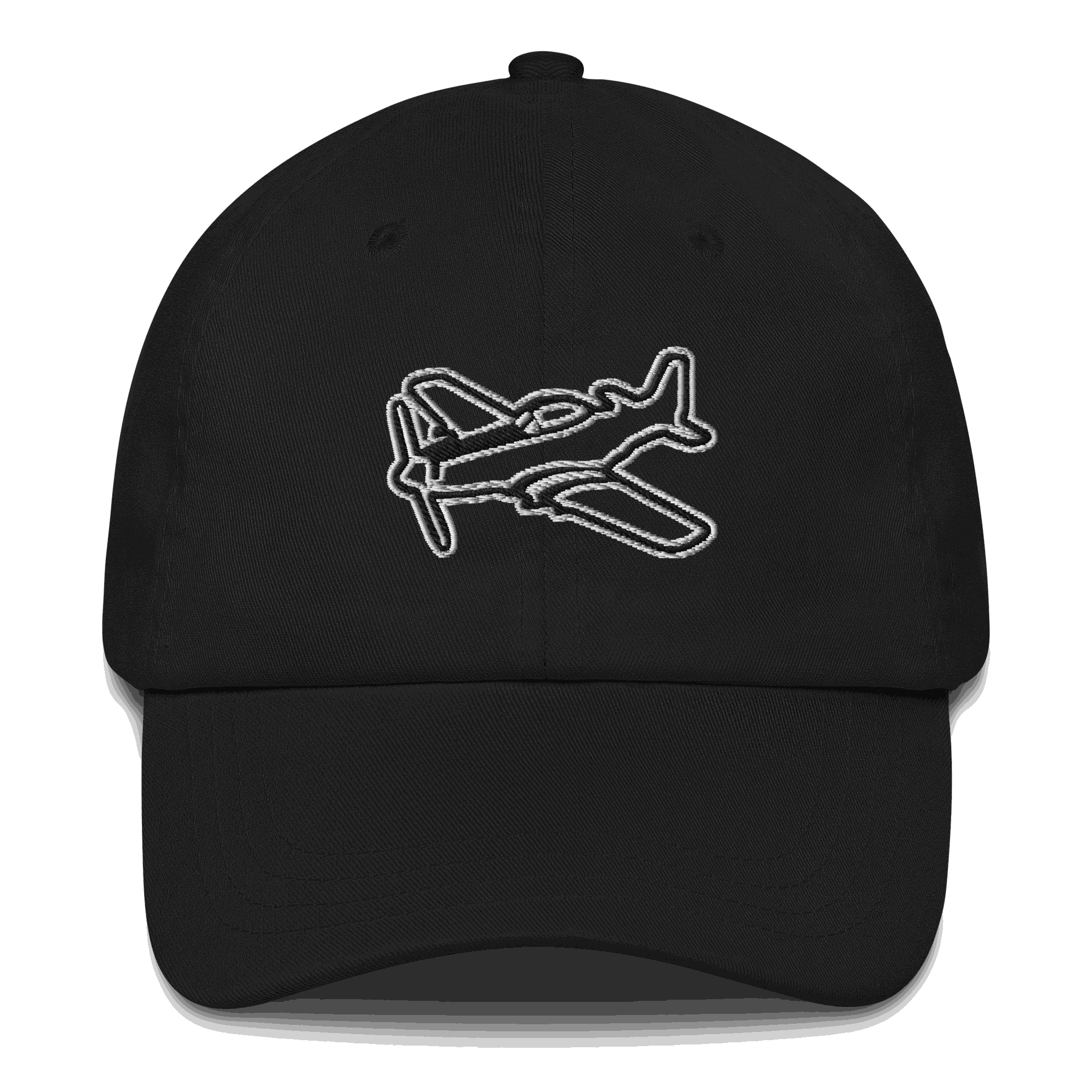 Black aviation hat with embroidered white P-51 Mustang aircraft design