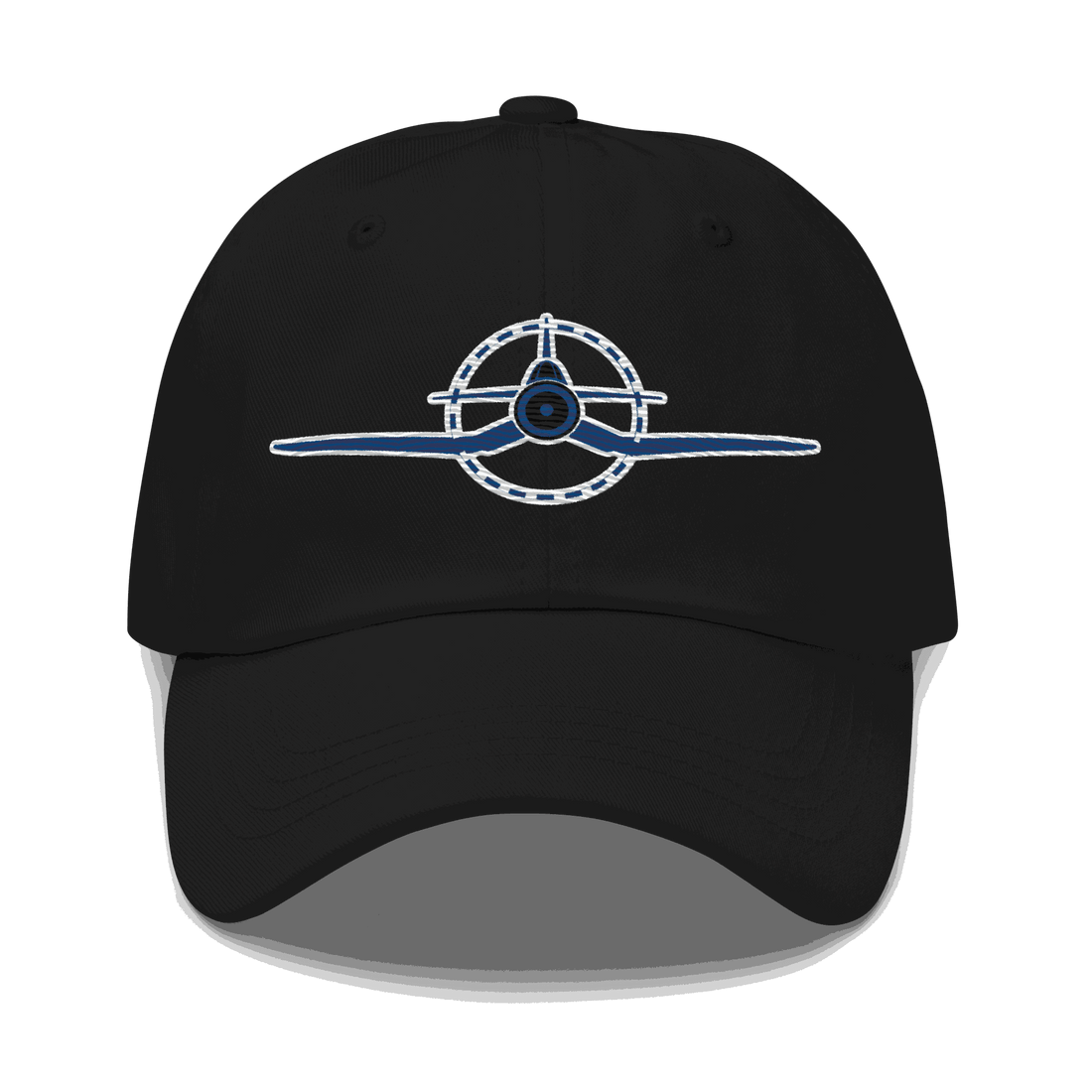 Black embroidered f4u cap with WWII Corsair airplane design, adjustable pilot dad hat made of chino cotton twill