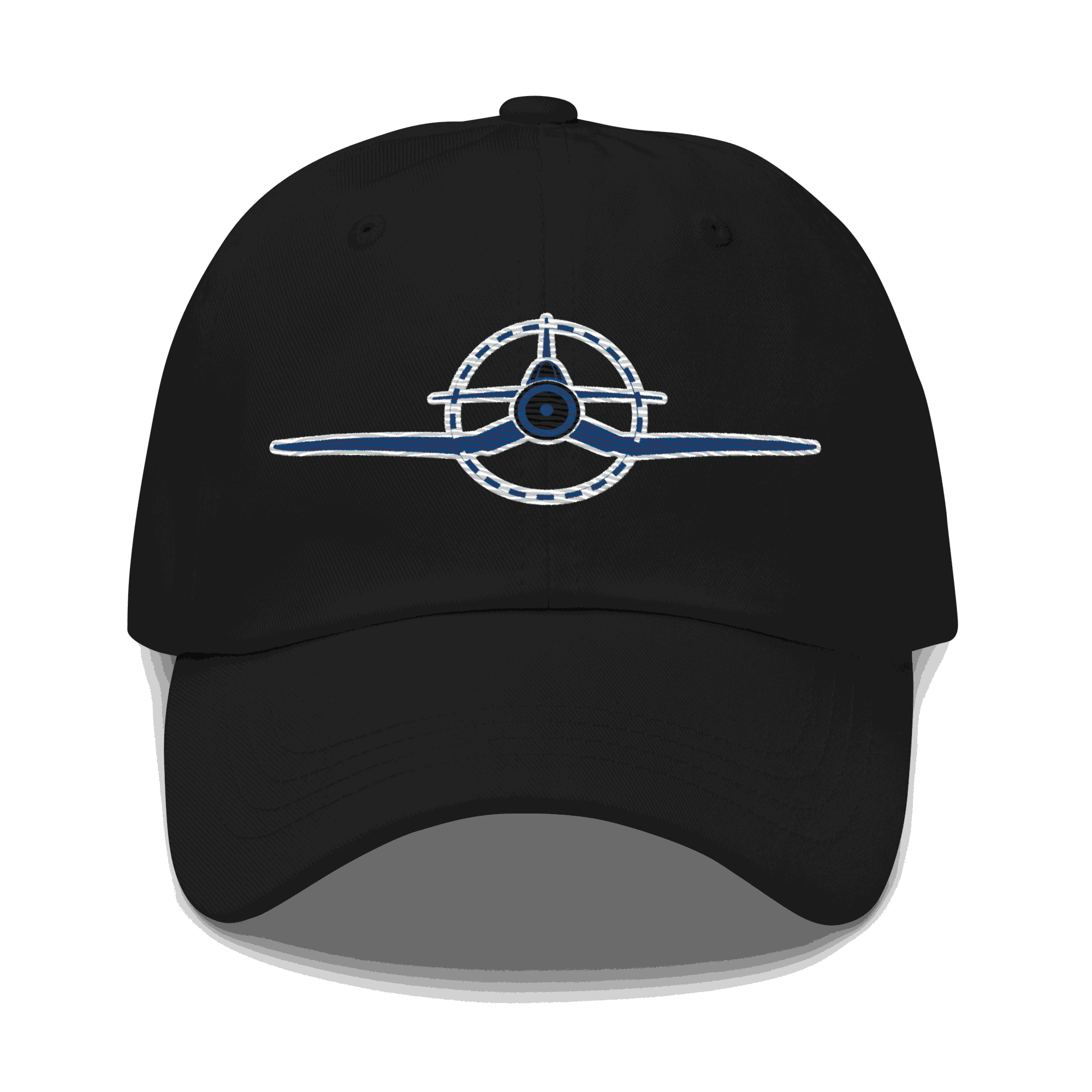 Black embroidered f4u cap with WWII Corsair design, adjustable dad hat in chino cotton twill