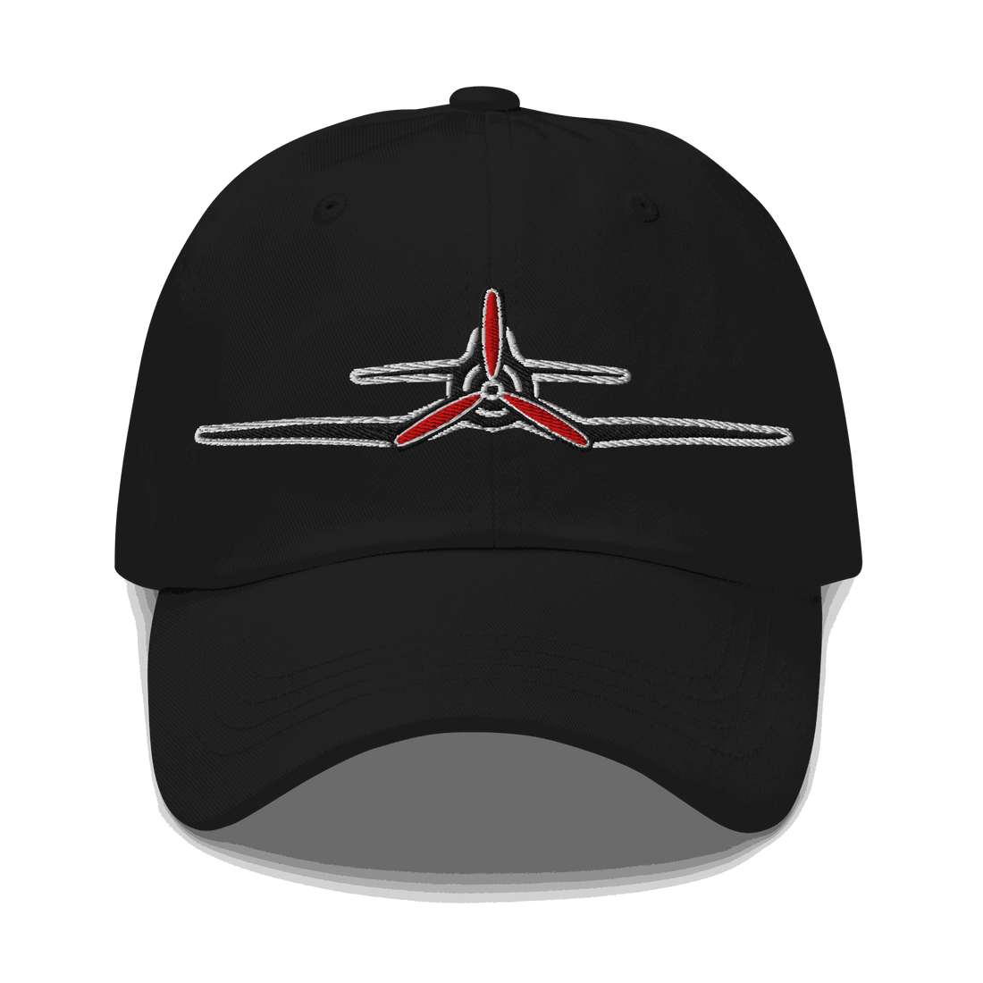 Black Corsair Aviation Hat with red and white embroidered F4U Corsair propeller design