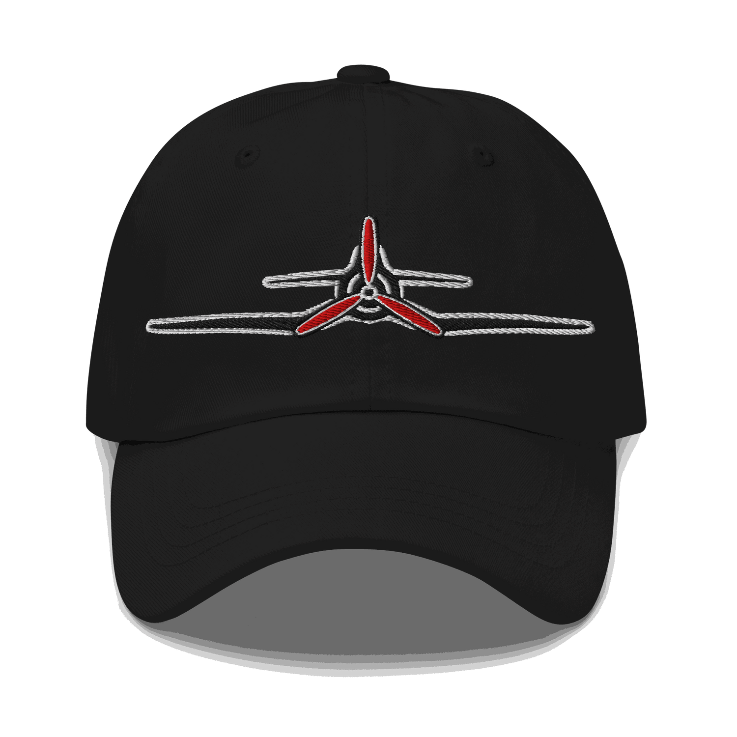Black Corsair Aviation Hat with red and white embroidered F4U Corsair propeller design