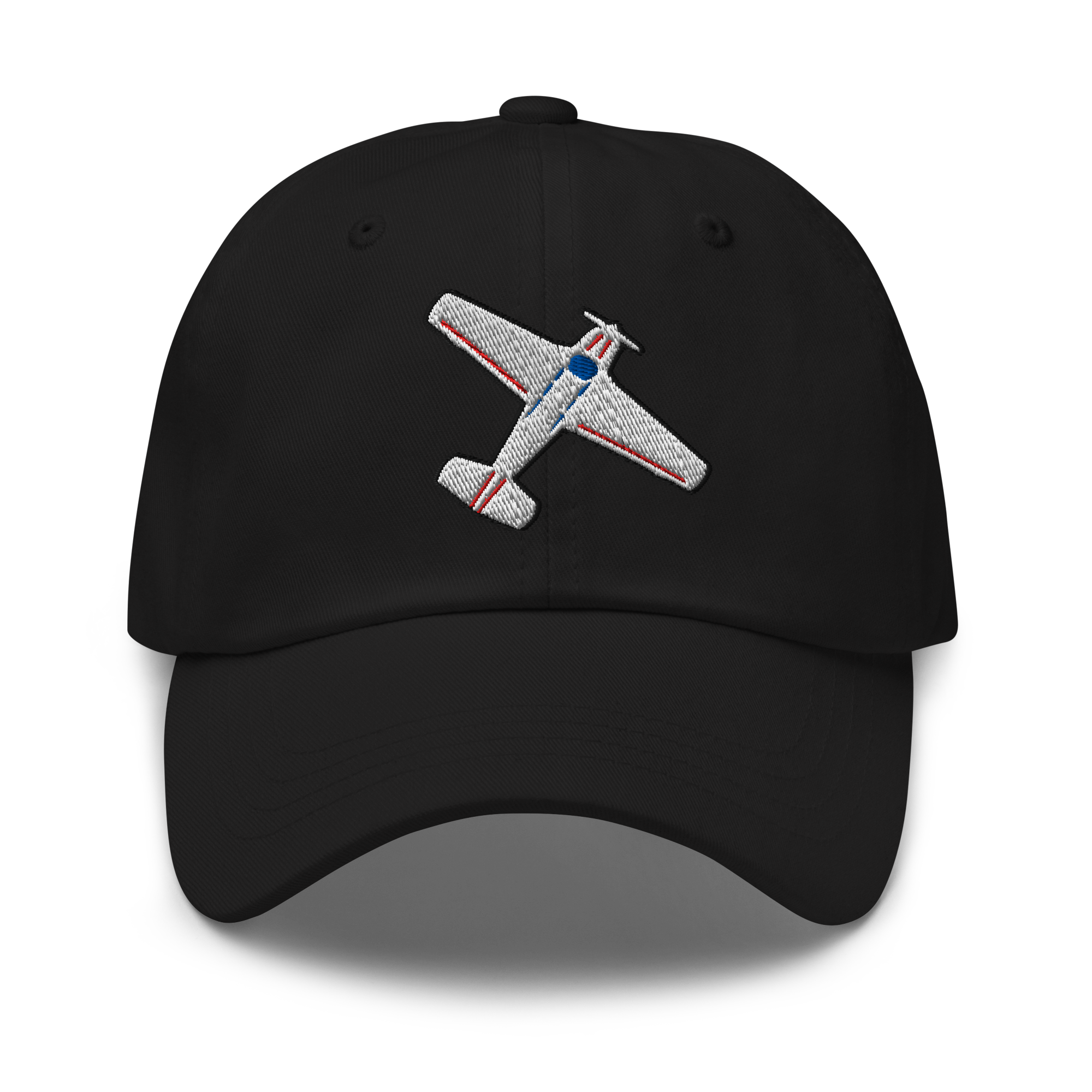 A black baseball cap featuring an embroidered silver, red, and blue vintage airplane on the front, set against a plain white background.