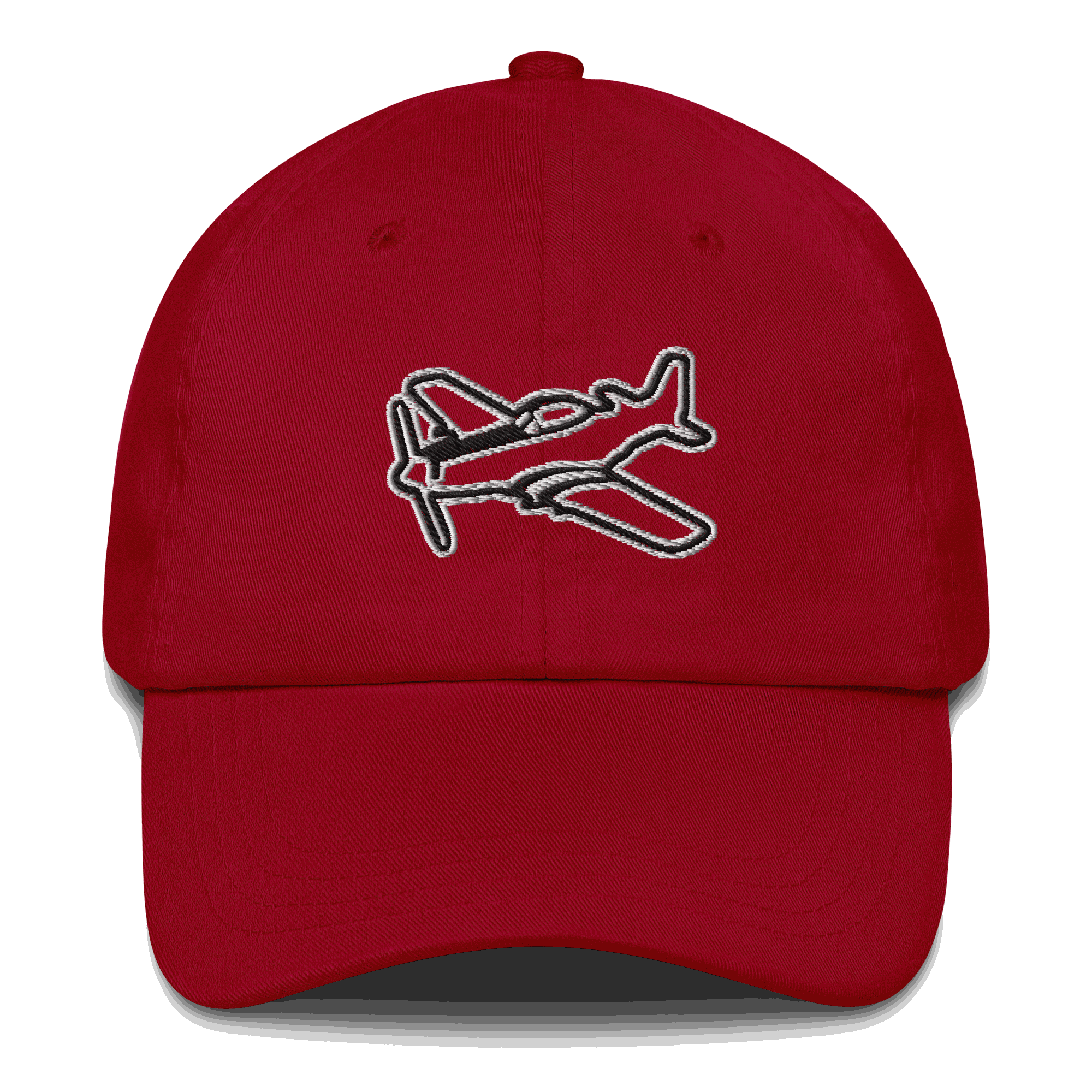 Red aviation hat with embroidered airplane design on front