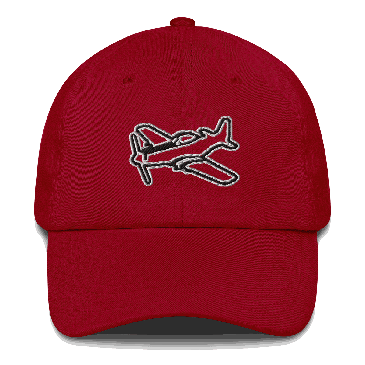 Black and white embroidered aviation hat featuring P51 Mustang design