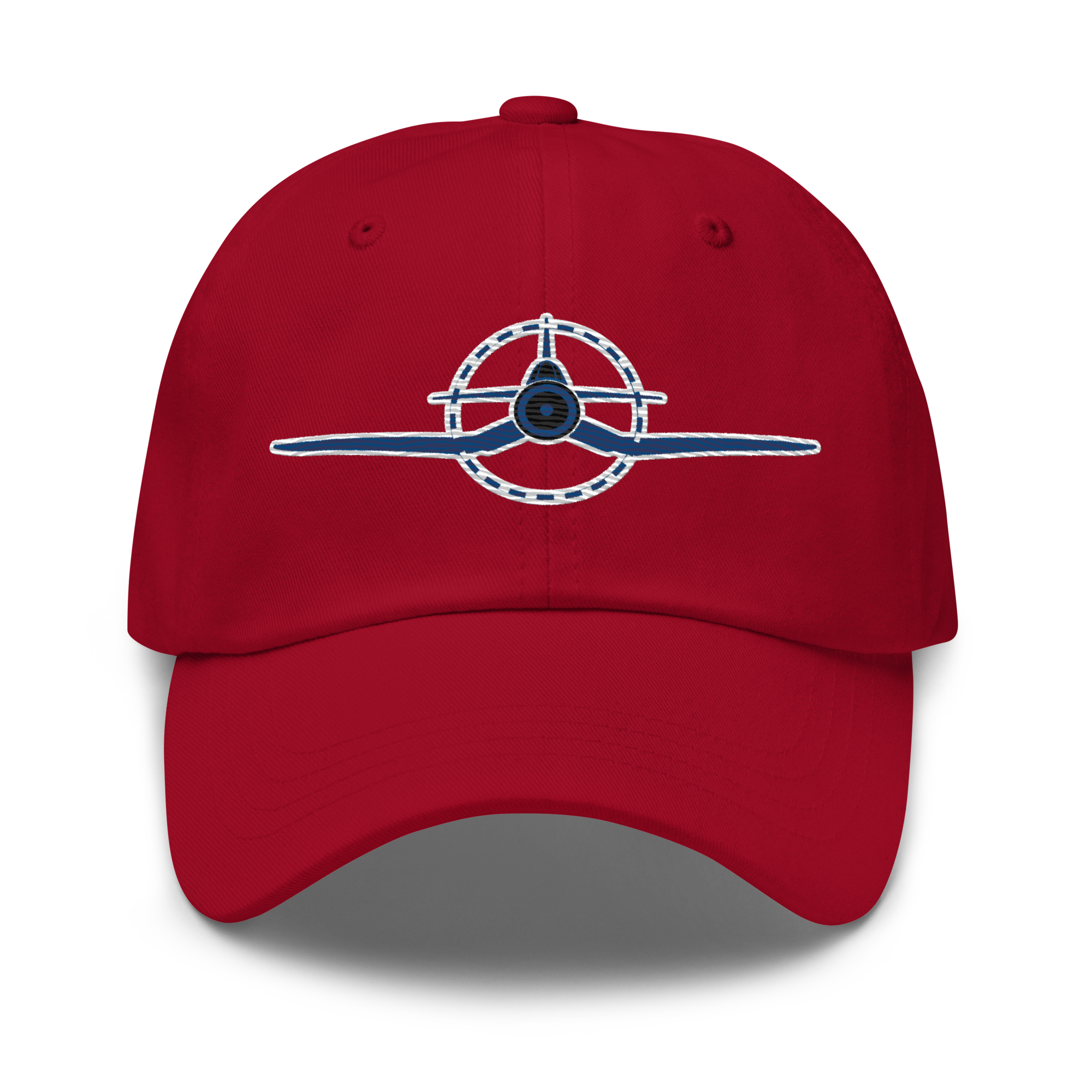 Adjustable embroidered f4u cap featuring WWII Corsair design in chino cotton twill with low-profile crown and breathable eyelets