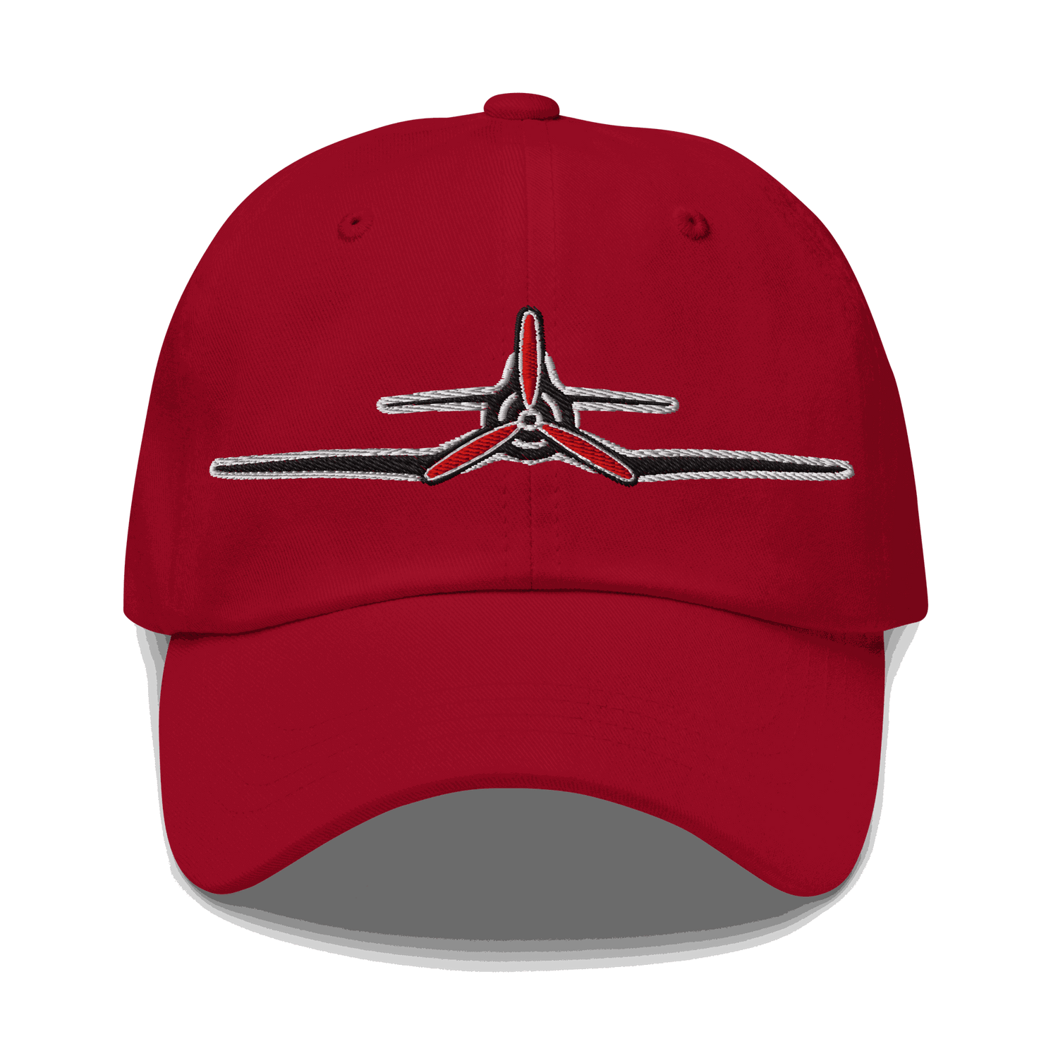 Red Corsair Aviation Hat with embroidered F4U Corsair propeller design, adjustable strap, and breathable cotton twill.
