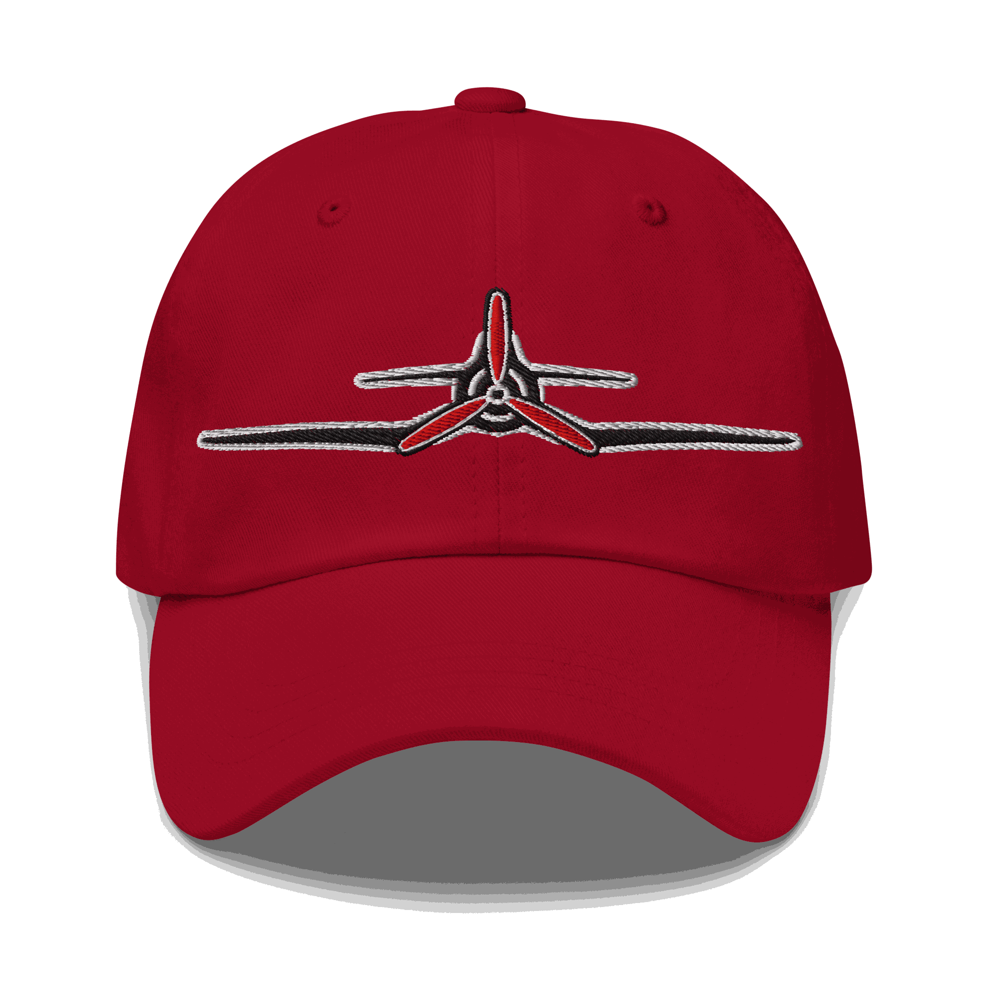 Red Corsair Aviation Hat with embroidered F4U Corsair propeller design, adjustable strap, and breathable cotton twill.