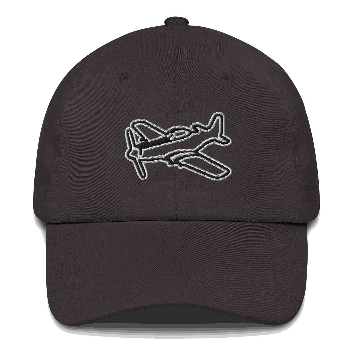 Black aviation hat with embroidered white airplane design, adjustable strap, six-panel low-profile style
