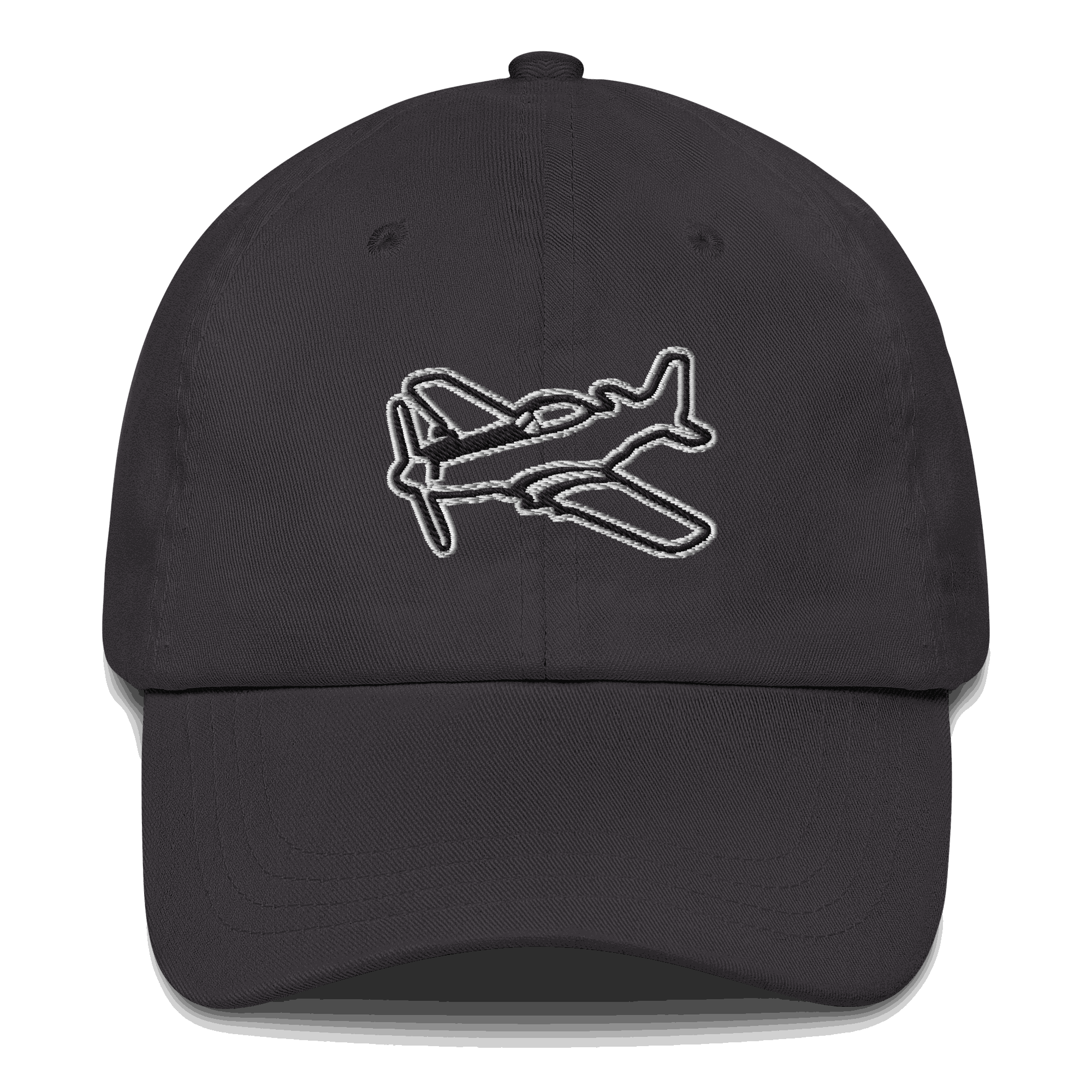 Black aviation hat with embroidered white P-51 Mustang aircraft design