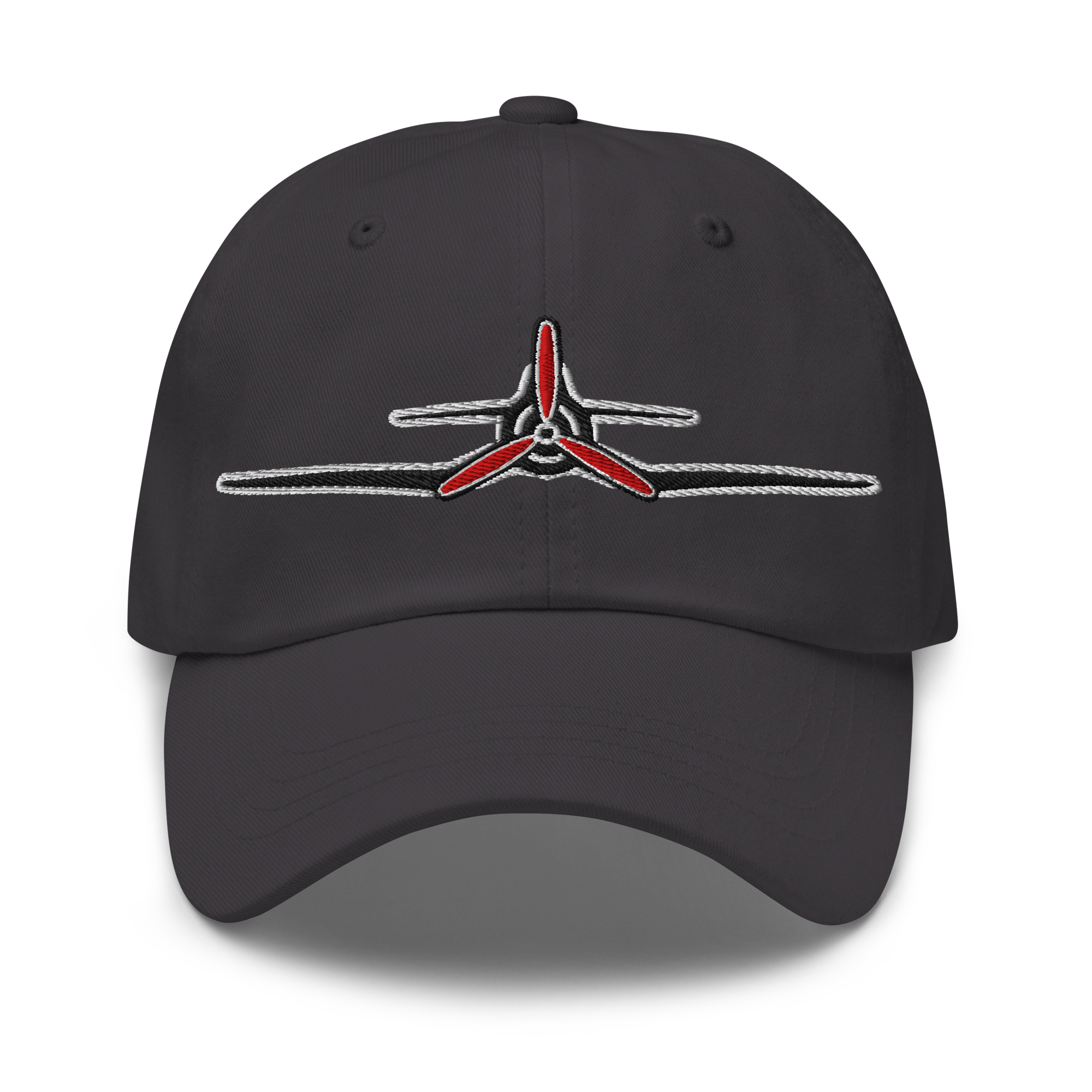 Black vintage Corsair aviation hat with red propeller embroidery and adjustable strapback