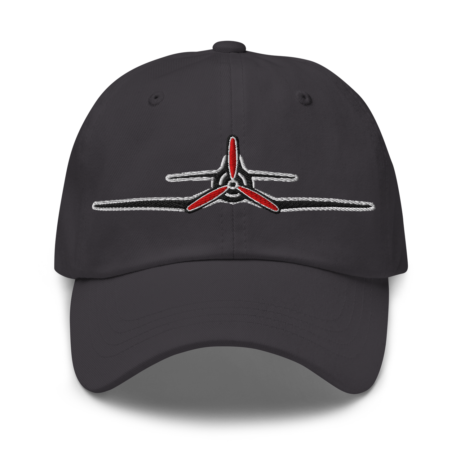 Black vintage Corsair aviation hat with red propeller embroidery and adjustable strapback