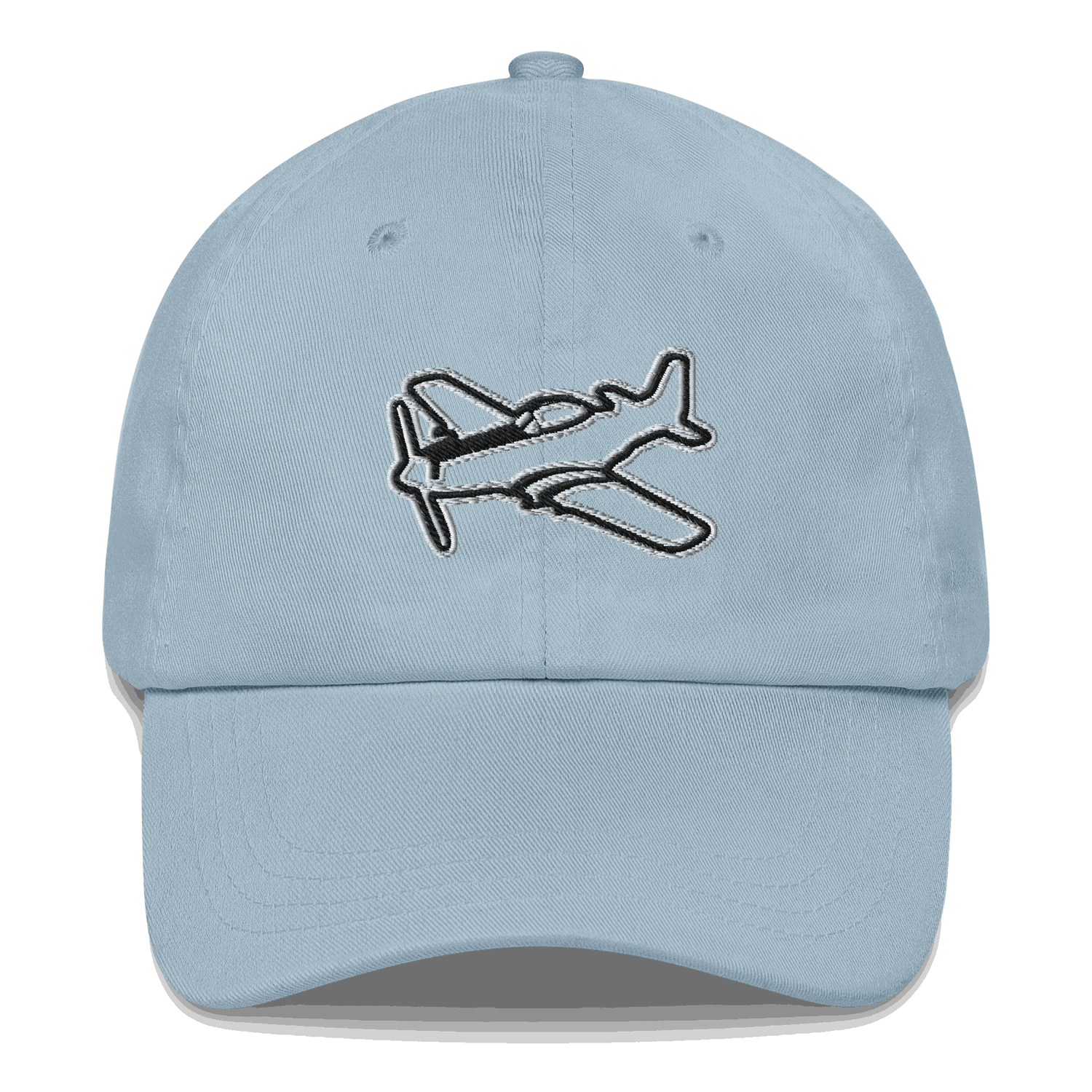 Light blue aviation hat with embroidered military aircraft design on front panel