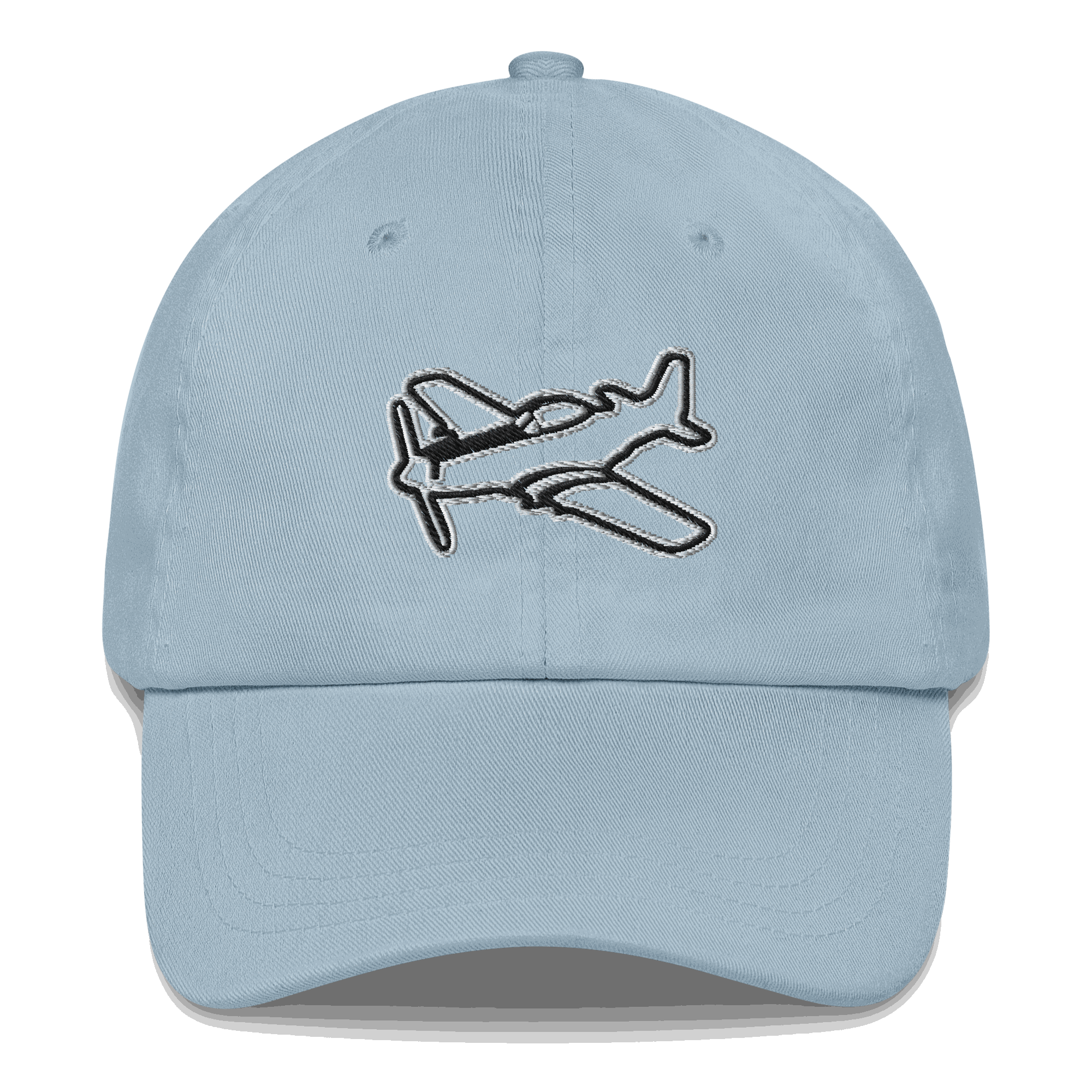 Black and white embroidered aviation hat featuring P51 Mustang design