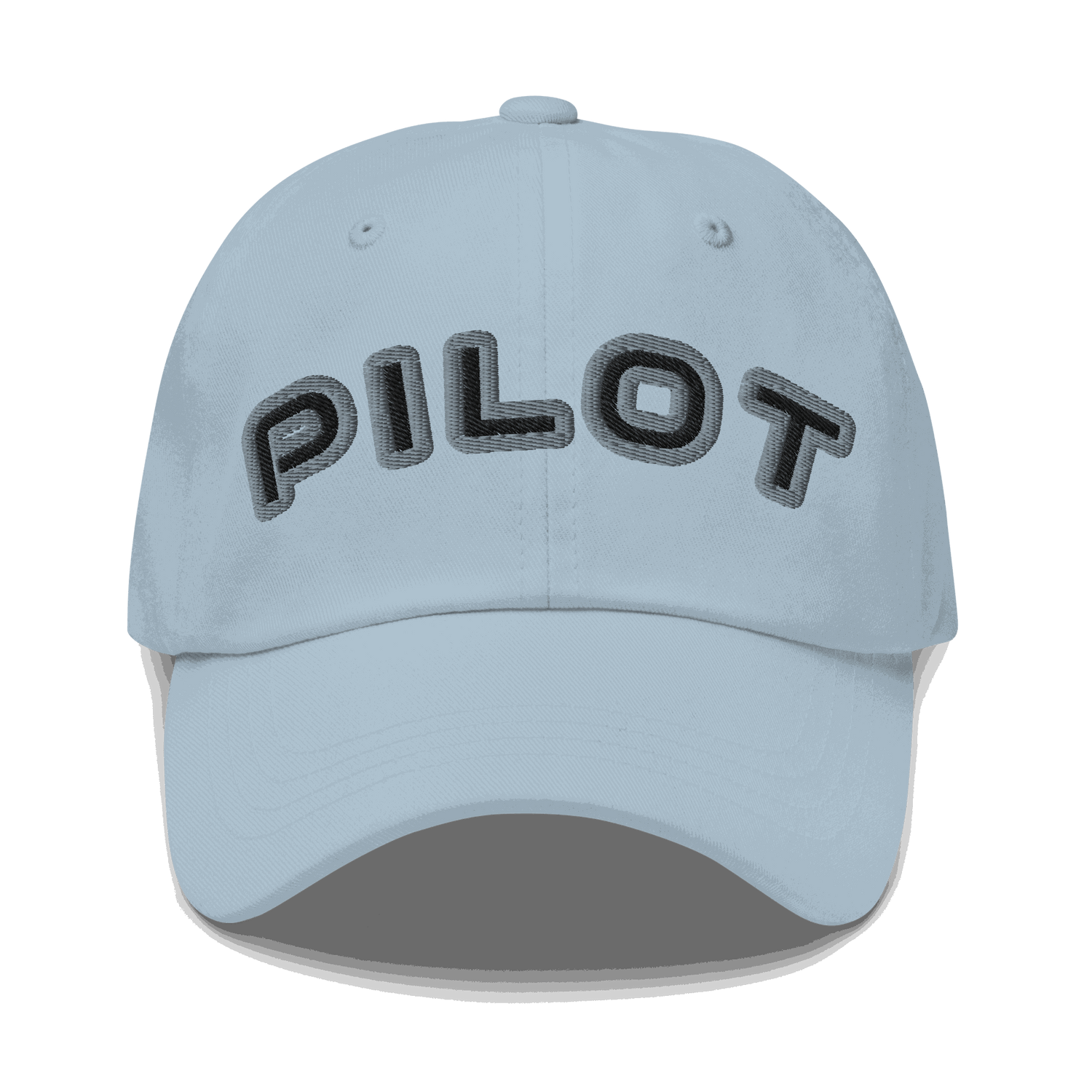 Stylish Pilot Hat light blue cotton twill dad cap with embroidered PILOT text and adjustable strap