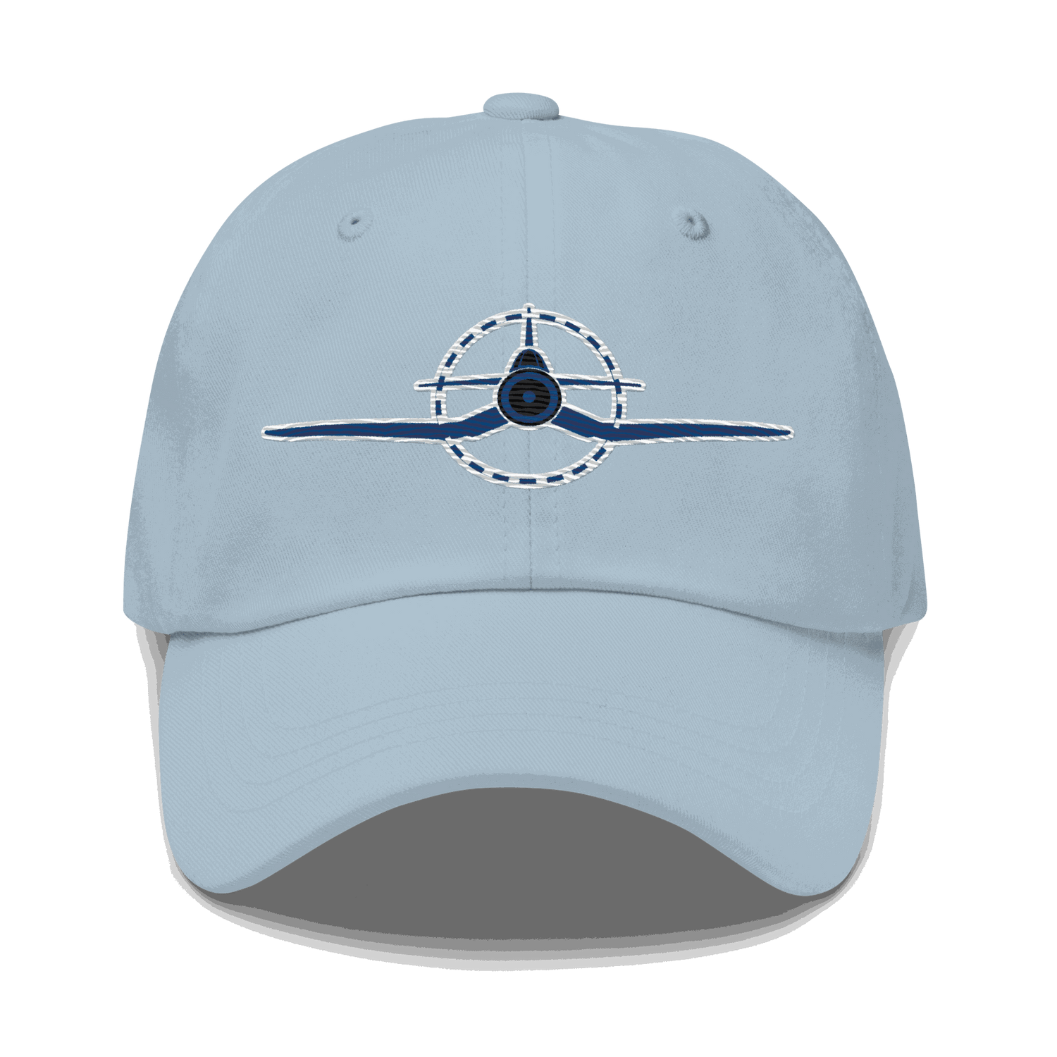 Light blue Embroidered F4U Cap featuring WWII Corsair design, adjustable unstructured aviation baseball hat.