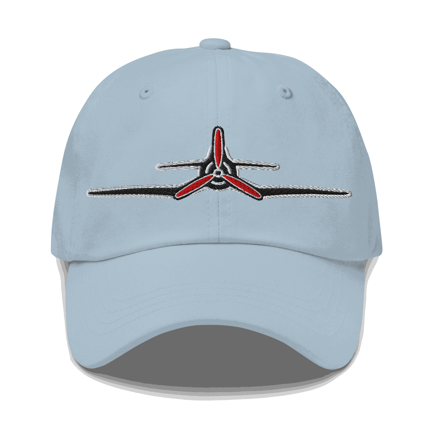 Light blue vintage Corsair Aviation Hat with embroidered red fighter plane propeller design
