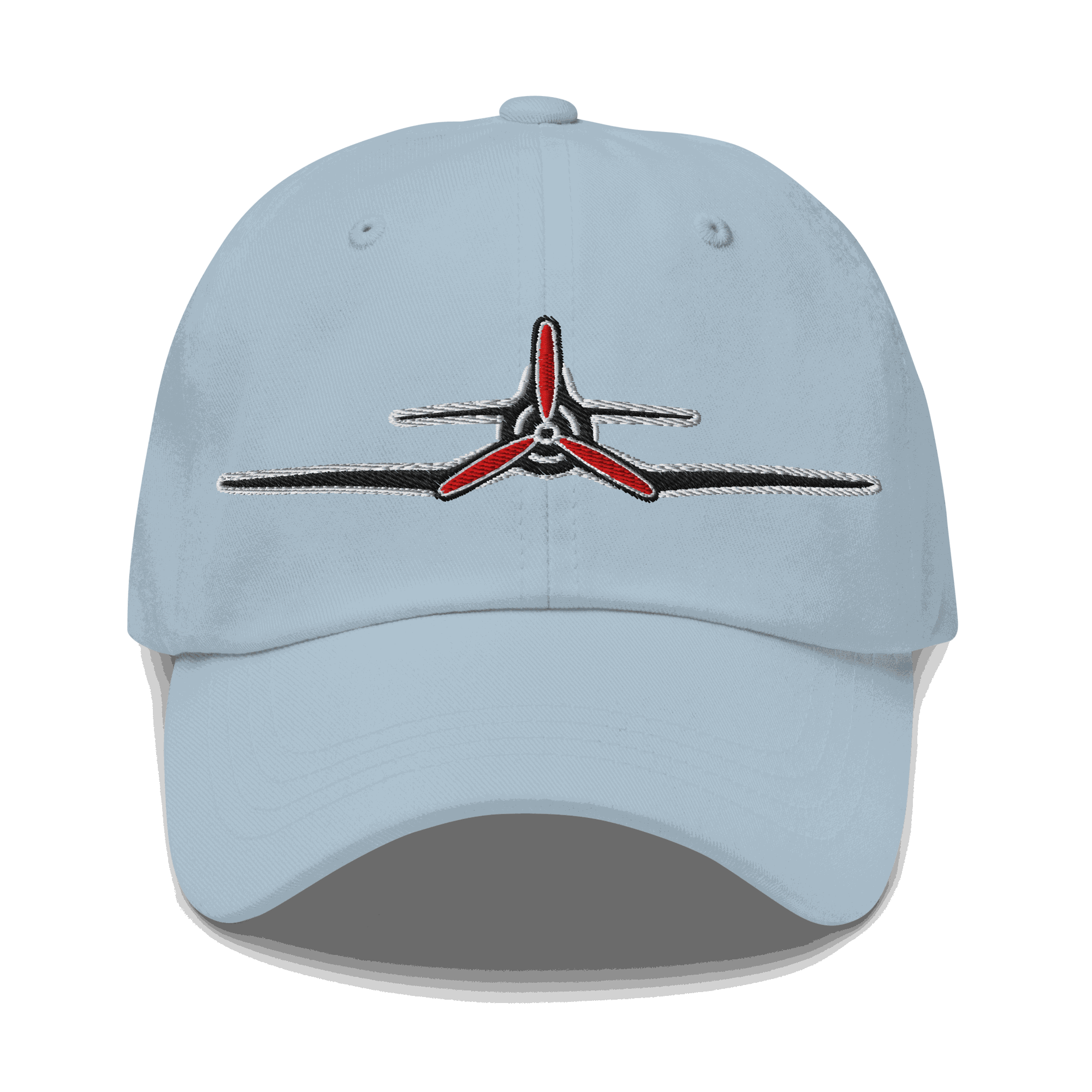 Light blue Corsair Aviation Hat with embroidered WWII airplane propeller design on front, unstructured dad hat style.