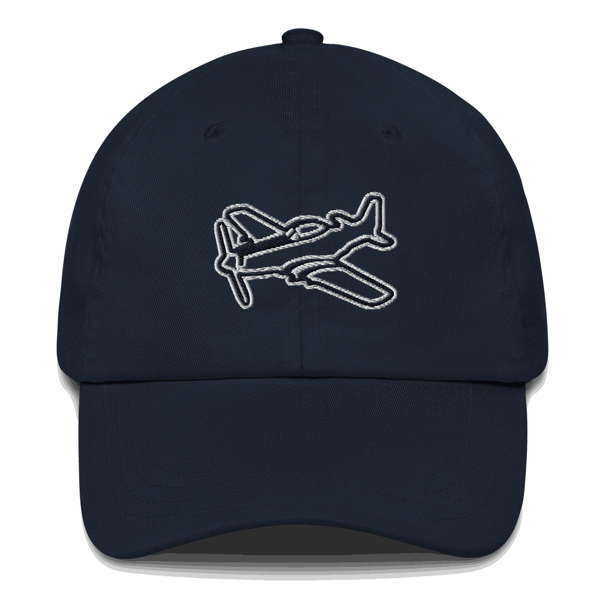 Black and white embroidered Aviation hat featuring P51 Mustang military aircraft design