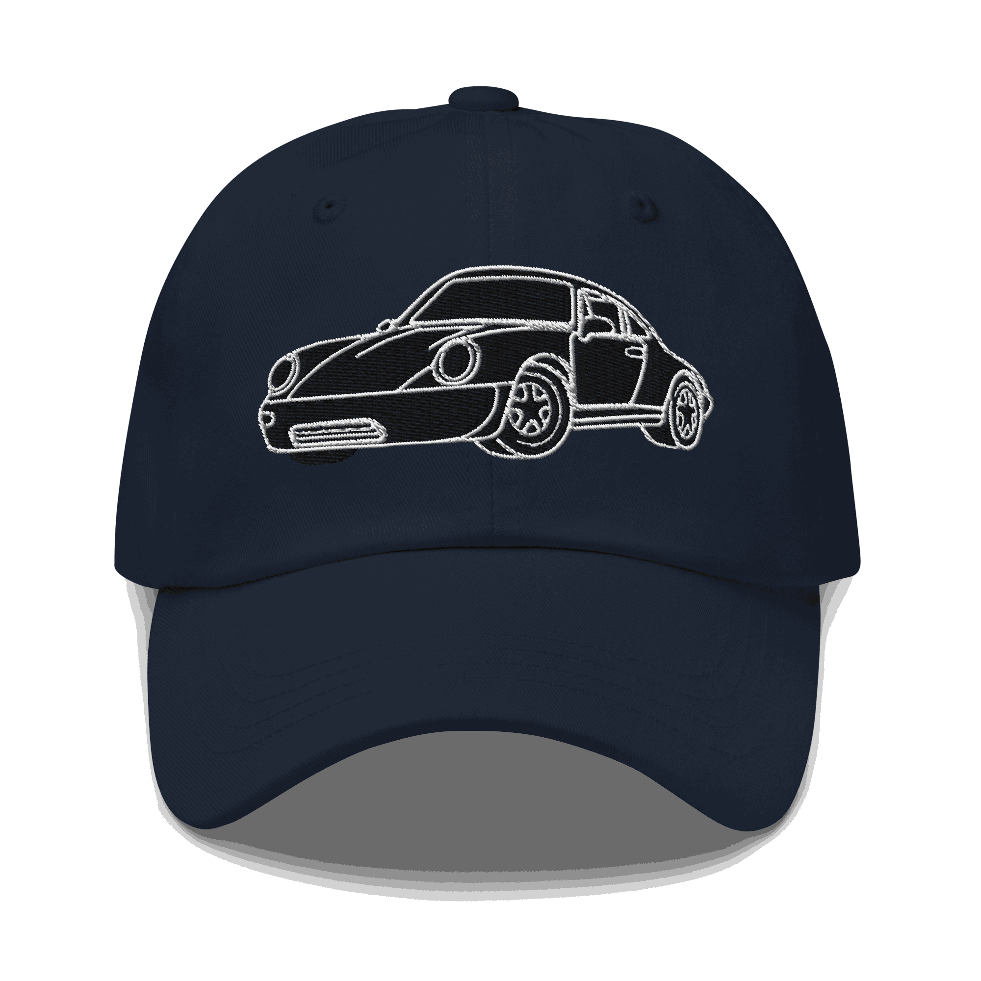 911 Black Racer Dad Hat in black twill with embroidered classic car design and adjustable strap
