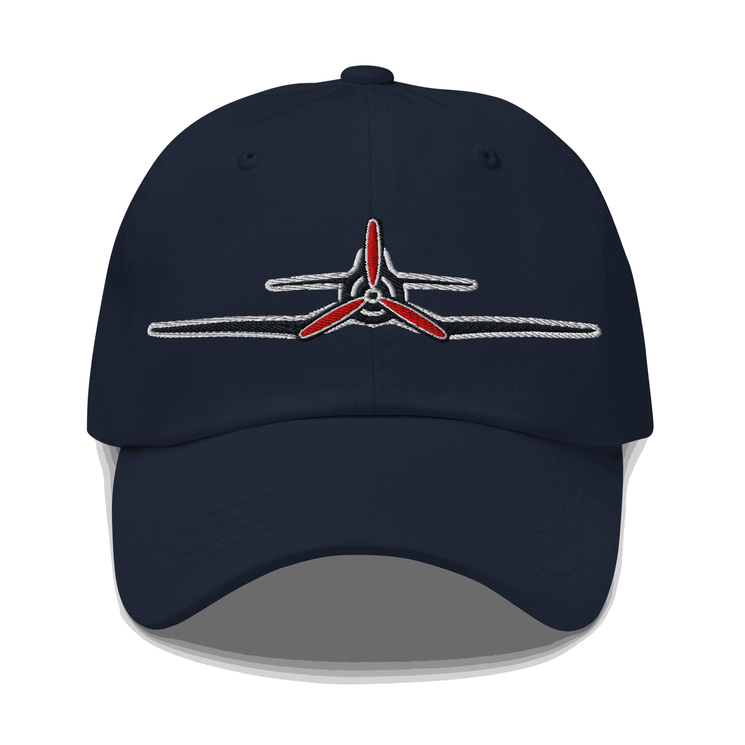 Vintage navy Corsair Aviation Hat with embroidered red propeller design, adjustable strapback dad cap for pilots and veterans