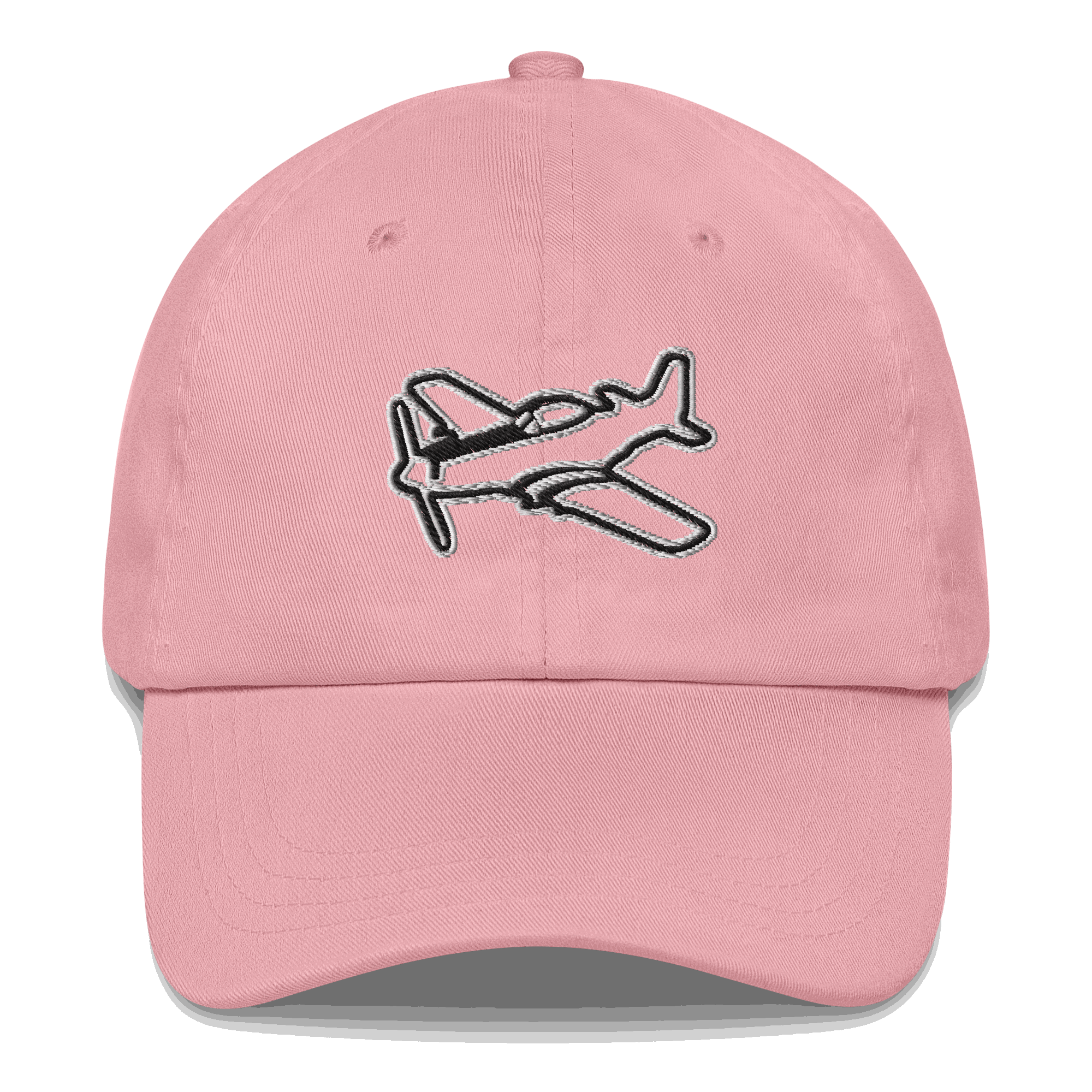 Pink aviation hat with black and white embroidered P51 Mustang airplane design