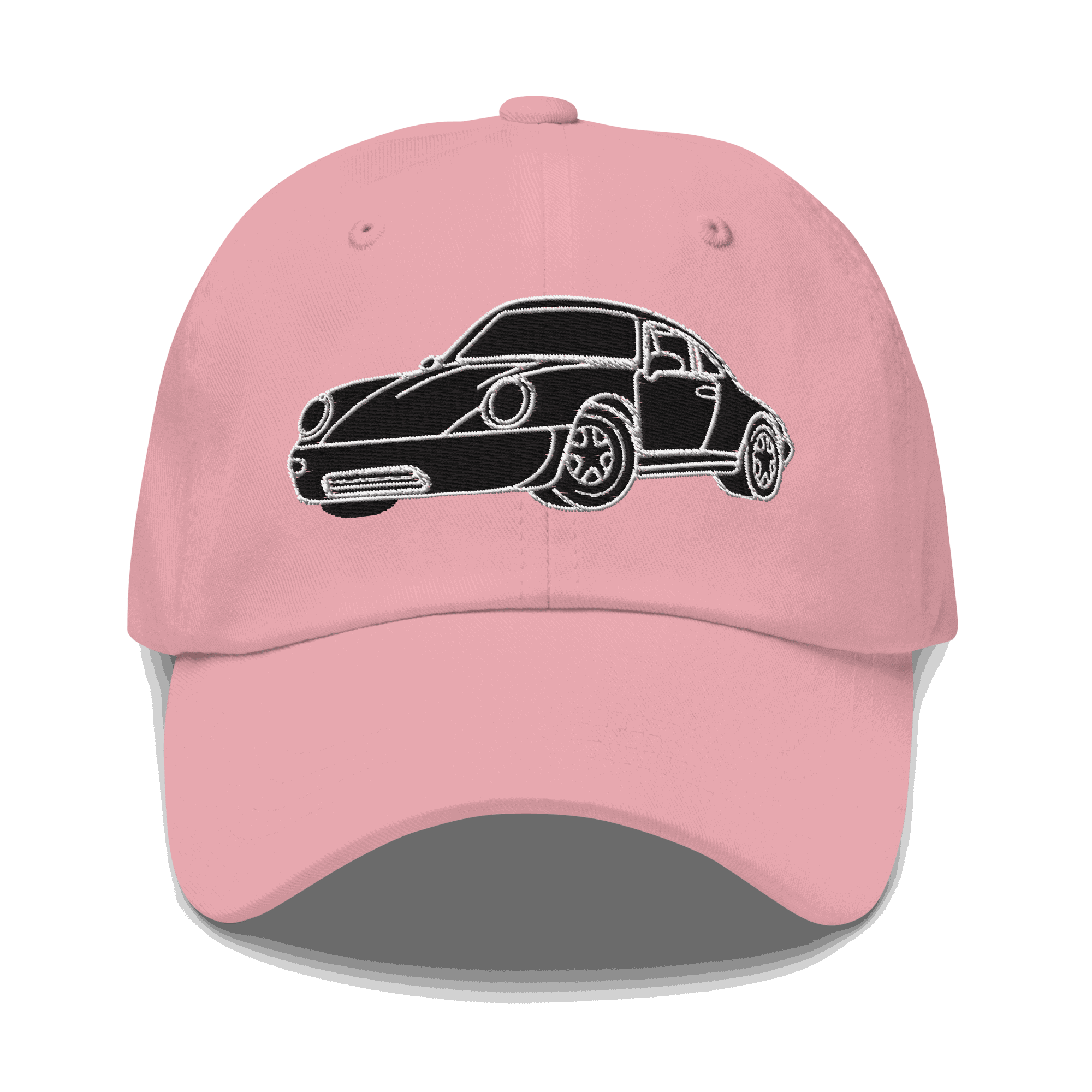 Pink 911 Black Racer Dad Hat with embroidered vintage car design and adjustable strap