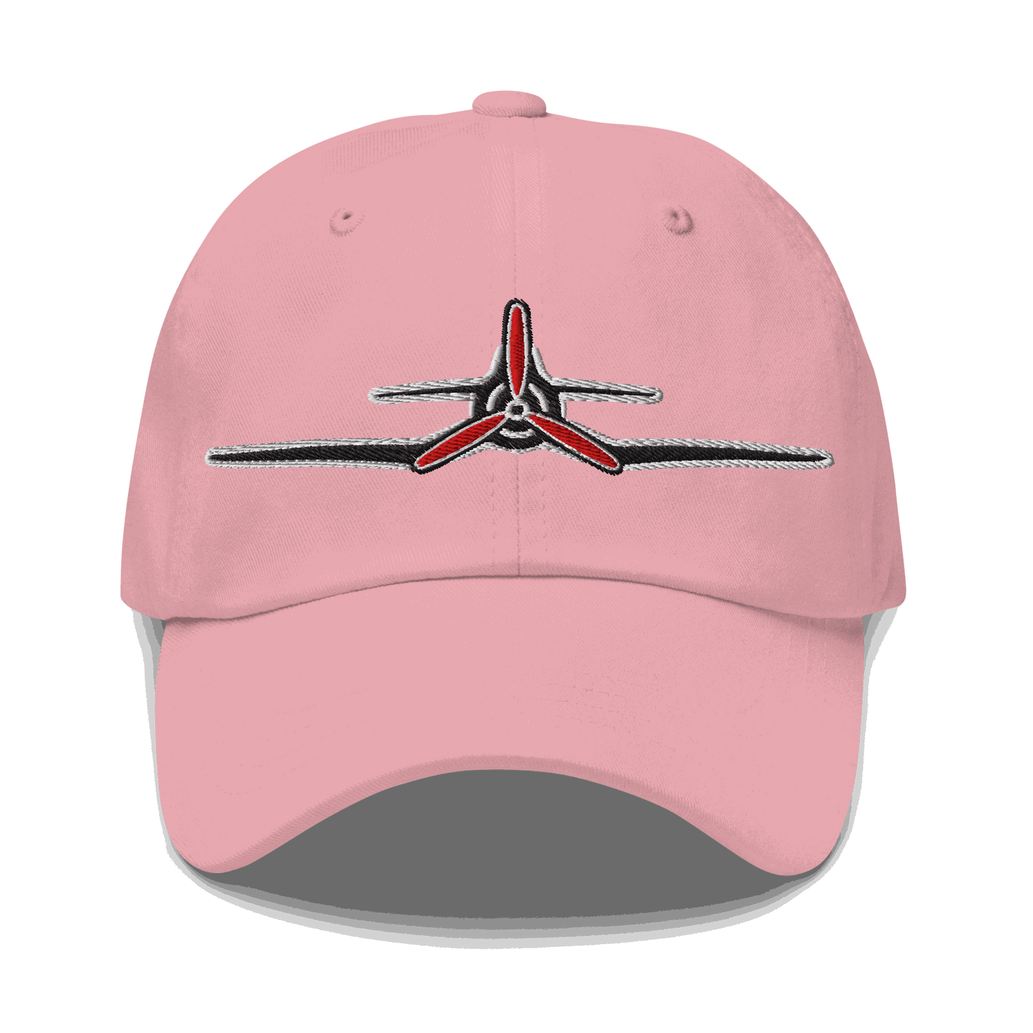 Pink vintage Corsair Aviation Hat with embroidered red propeller design, adjustable strap, and breathable cotton twill material.