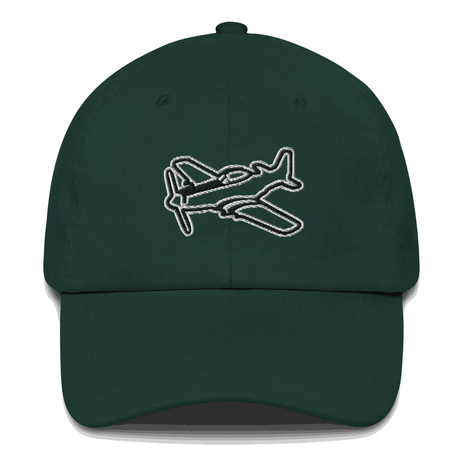 Black chino cotton twill aviation hat with embroidered airplane design and adjustable strap