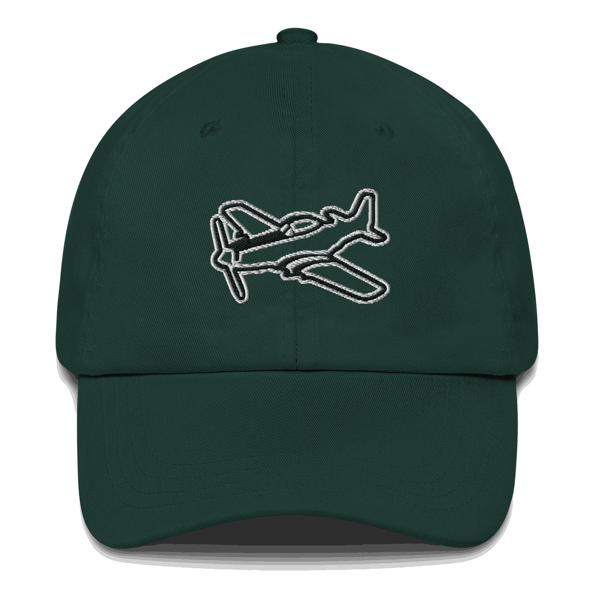 Black and white embroidered aviation hat with P51 Mustang design
