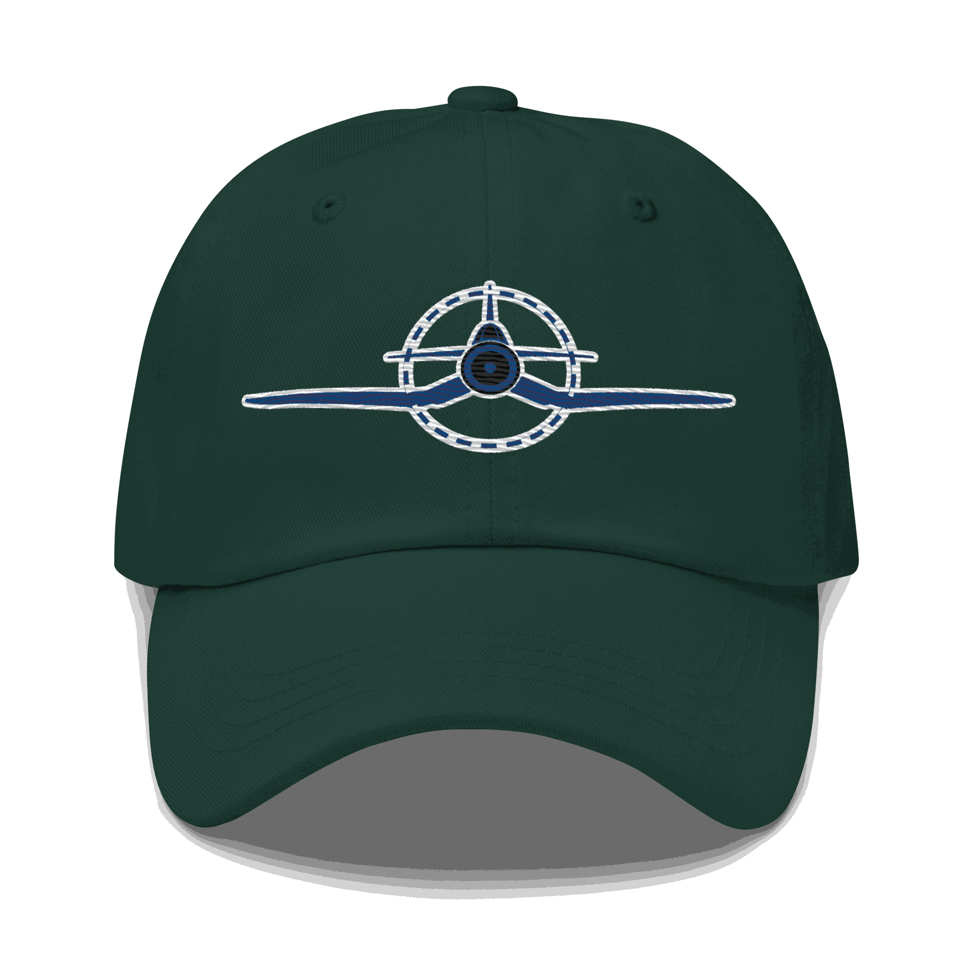 Adjustable embroidered f4u cap with WWII Corsair design on green chino cotton twill dad hat