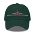 Green Corsair Aviation Hat with embroidered red propeller design, adjustable strap, and breathable cotton twill fabric.