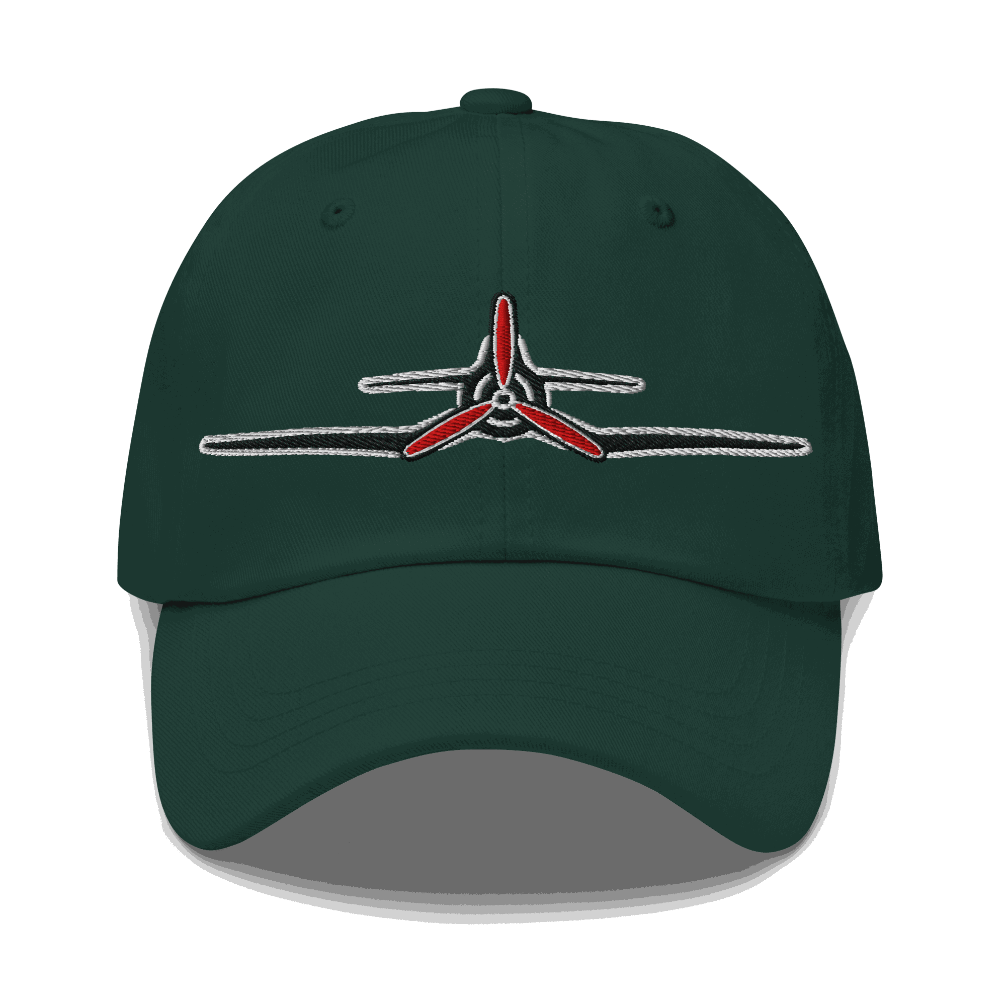 Corsair hat Green Corsair Aviation Hat with embroidered red propeller design, adjustable strap, and breathable cotton twill fabric.