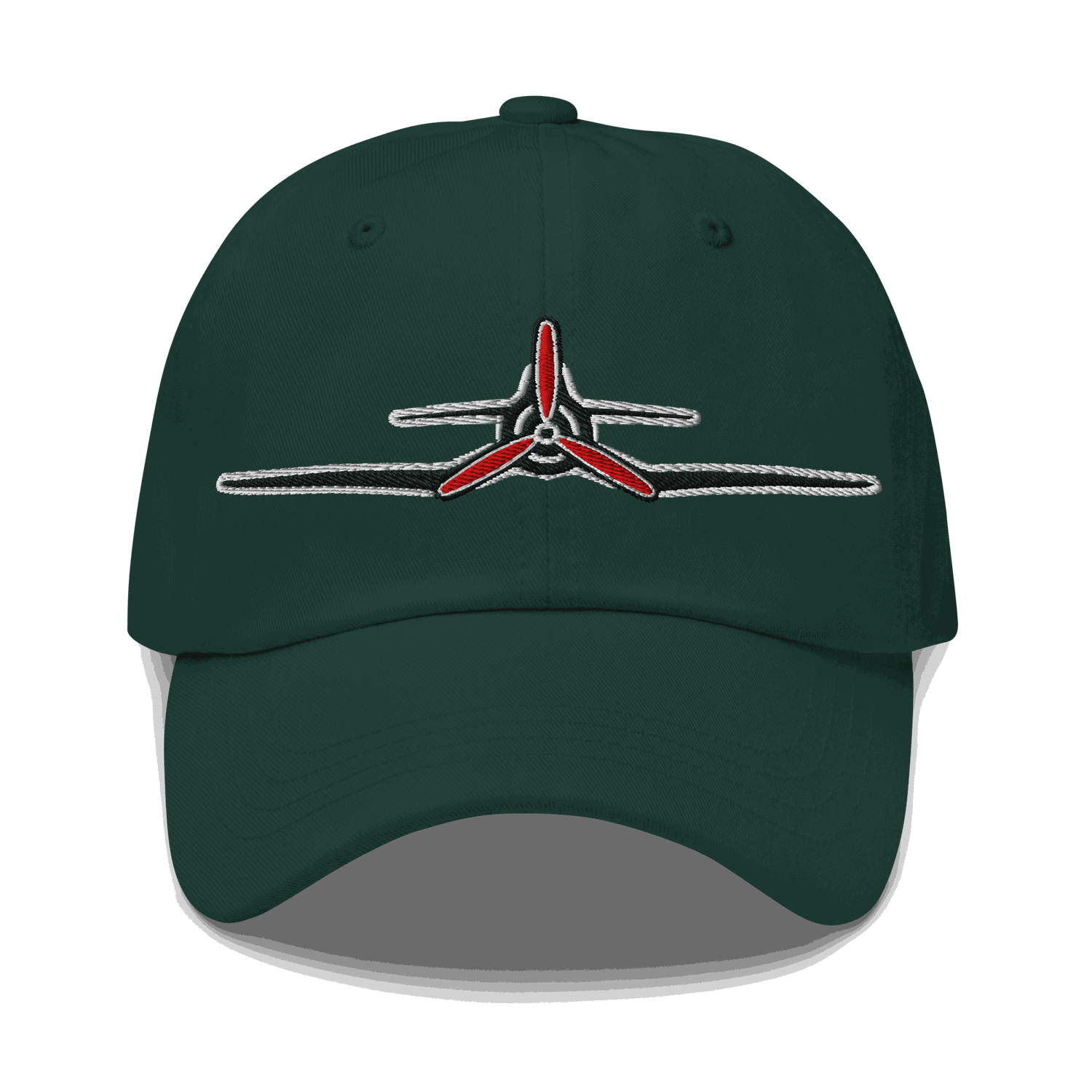 Green Corsair Aviation Hat with embroidered red propeller design, adjustable strap, and breathable cotton twill fabric.
