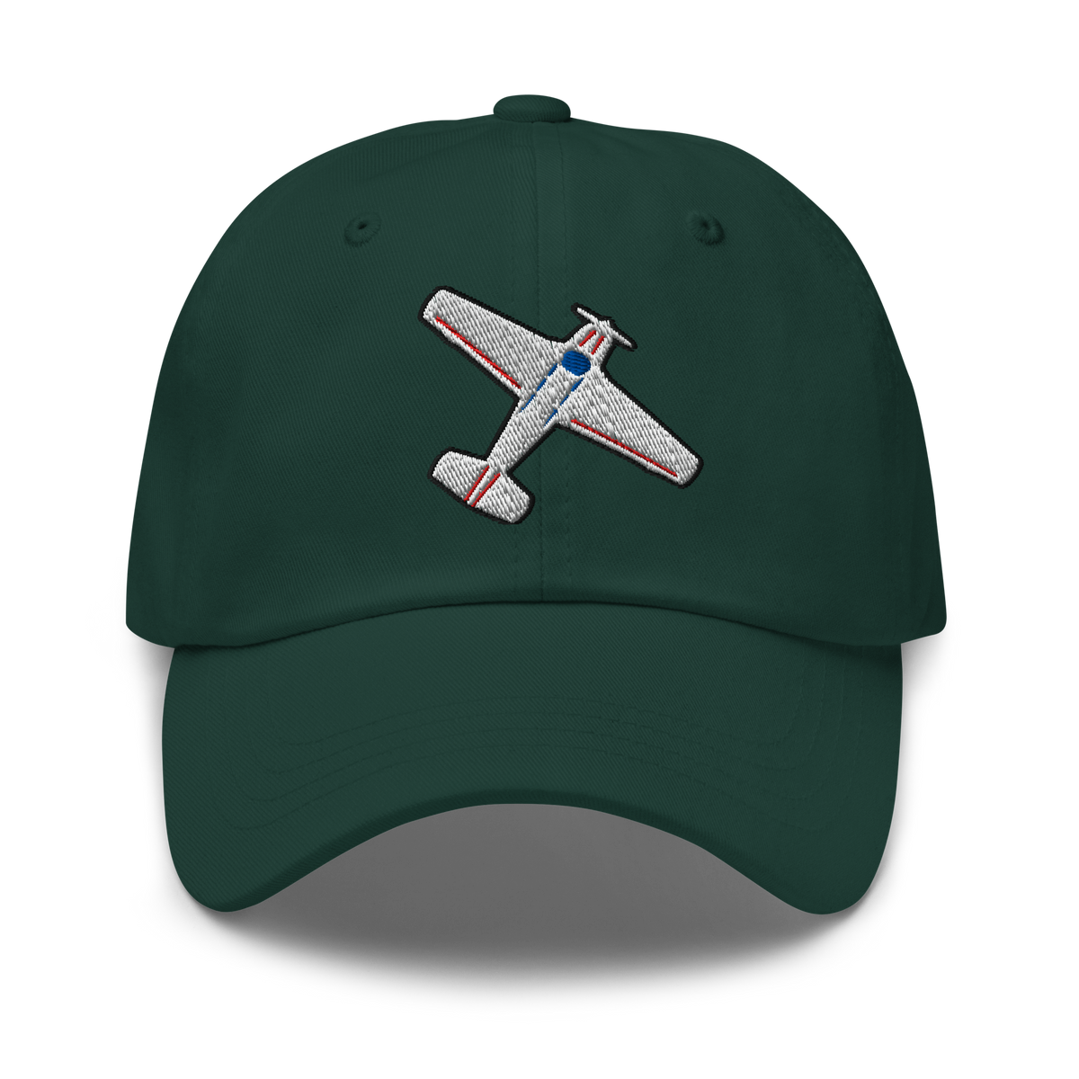 A dark green baseball cap featuring an embroidered airplane patch on the front, set against a plain white background with a soft drop shadow.