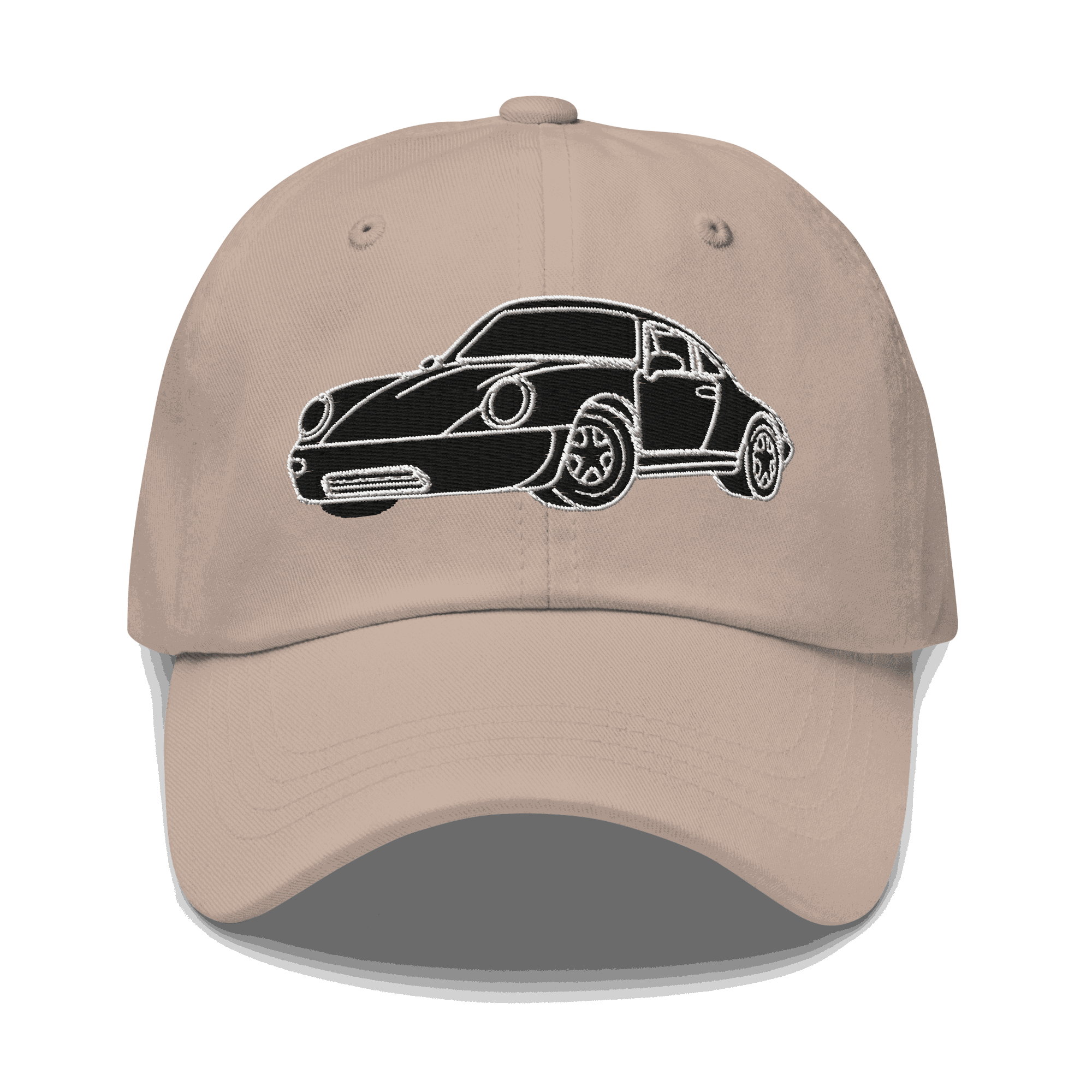 911 Black Racer Dad Hat with embroidered classic car design, adjustable strap, and low-profile cotton twill construction.