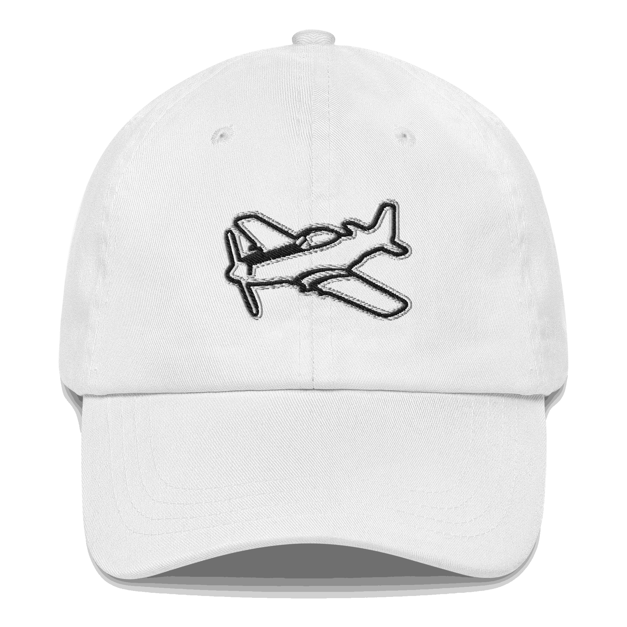 White aviation hat with embroidered black and white P51 Mustang aircraft design