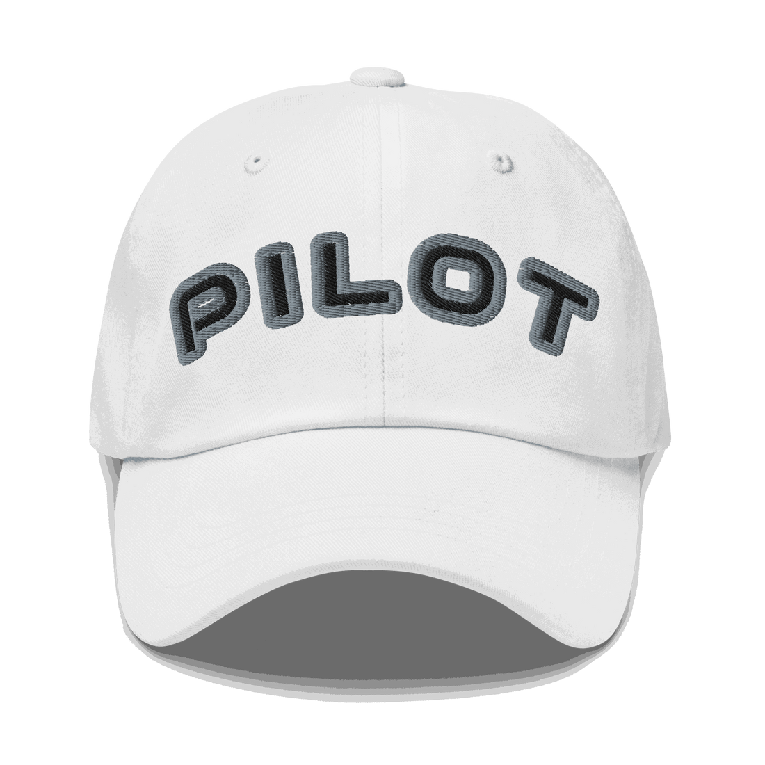White stylish pilot hat with embroidered "PILOT" text and adjustable strap