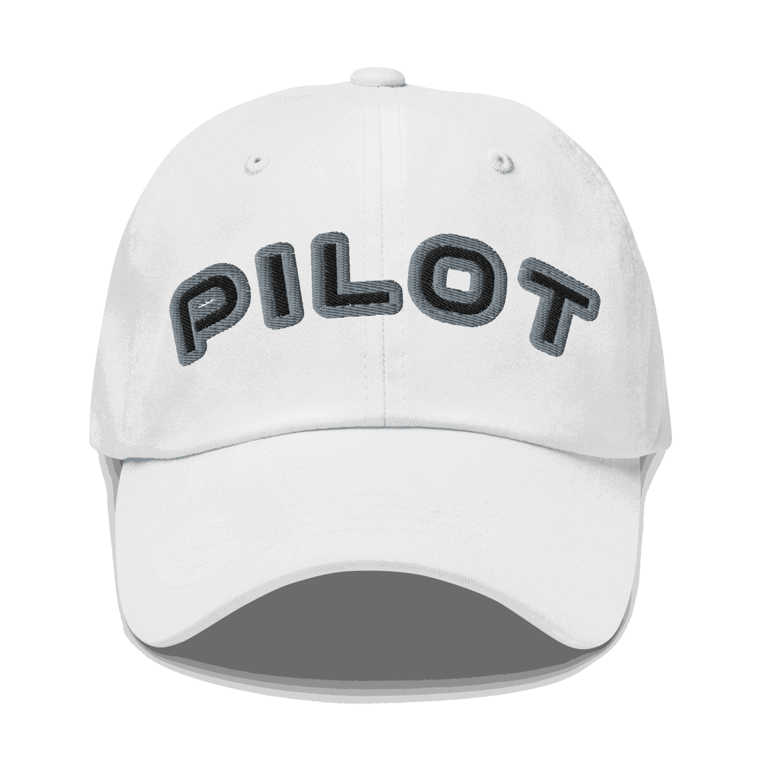 White stylish pilot hat with embroidered "PILOT" text and adjustable strap