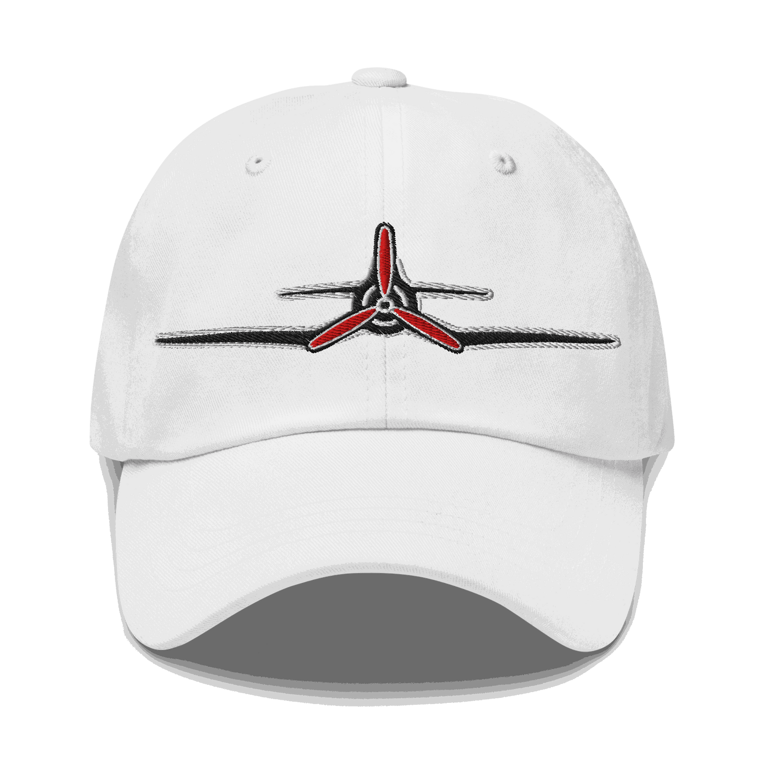 White Corsair Aviation Hat with embroidered red propeller design on front