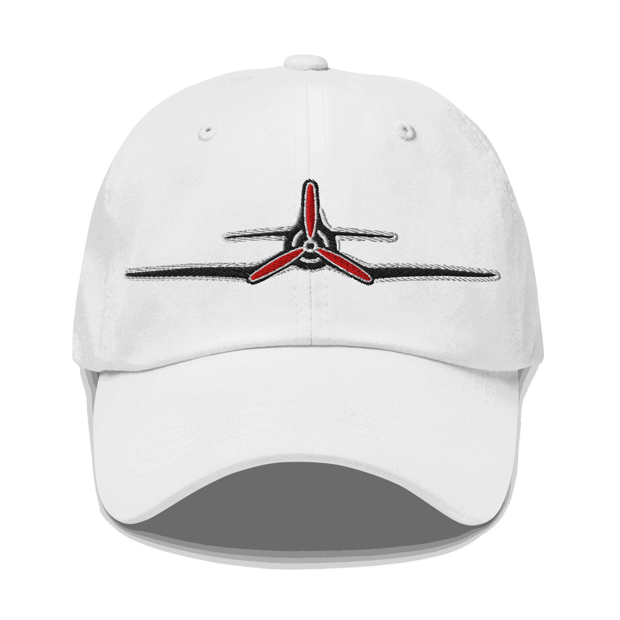 Corsair hat White Corsair Aviation Hat with embroidered red propeller design on front